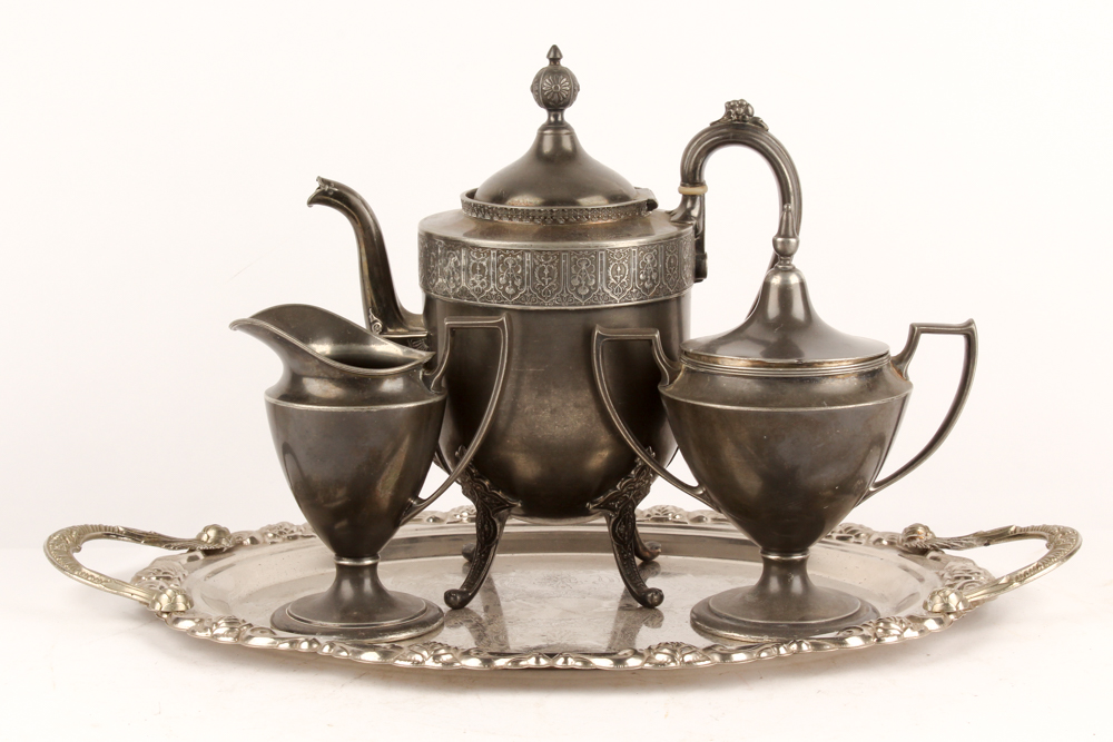 Antique Reed & Barton Silver Plate Coffee Pot with Pairpoint Creamer and Sugar