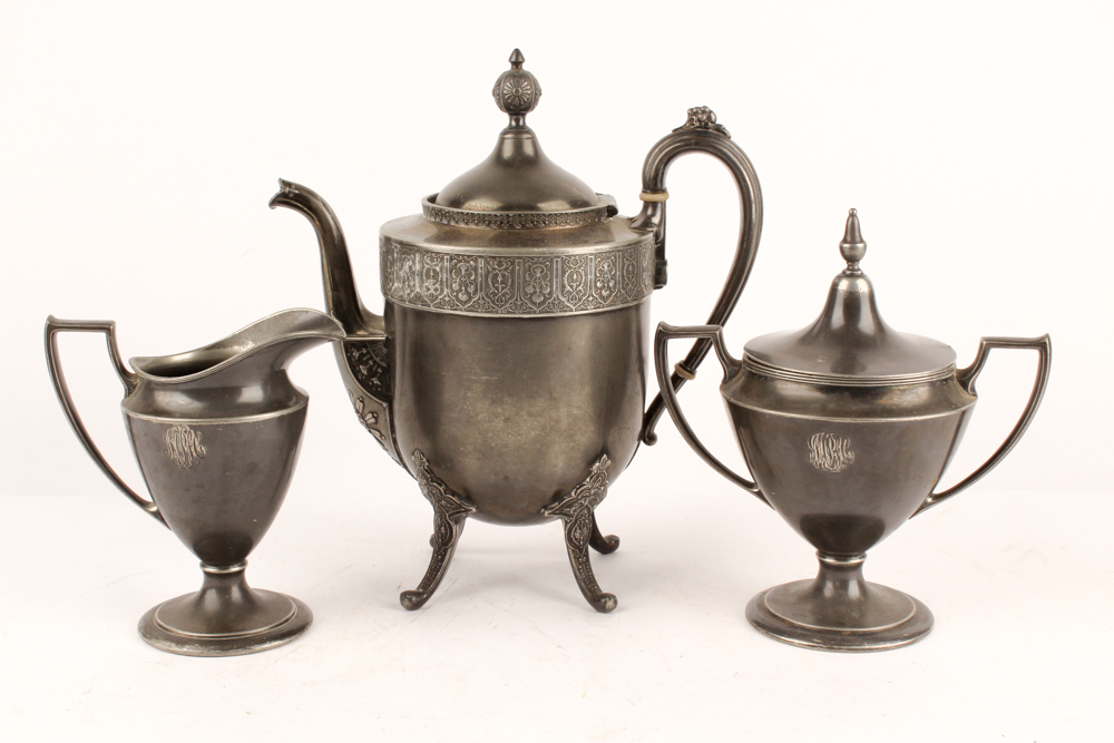 Antique Reed & Barton Silver Plate Coffee Pot with Pairpoint Creamer and Sugar