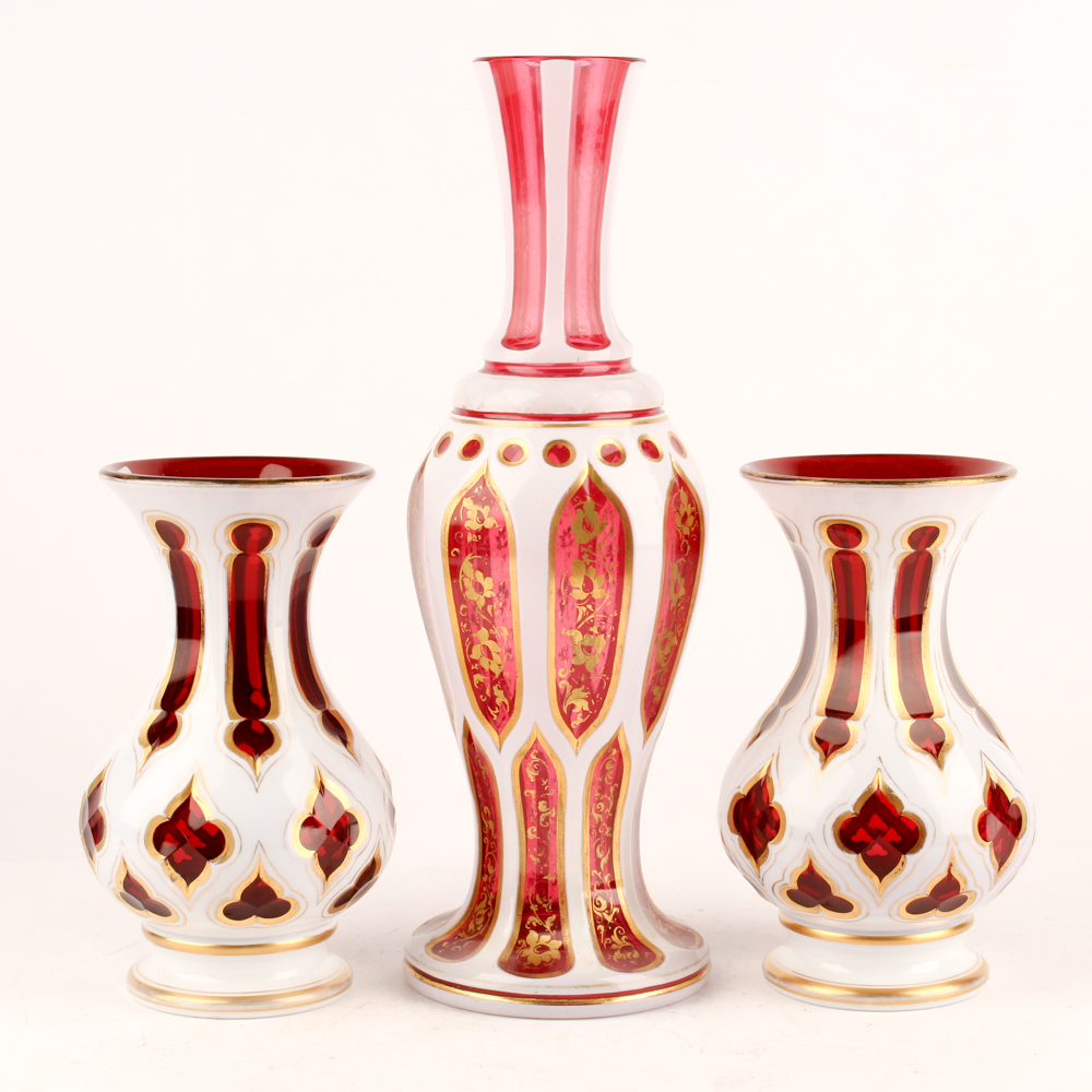 Vintage Bohemian Blown Glass Cased White Cut to Cranberry Vases
