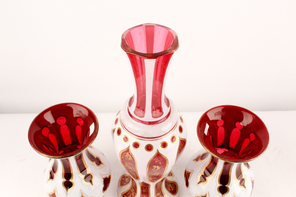Vintage Bohemian Blown Glass Cased White Cut to Cranberry Vases