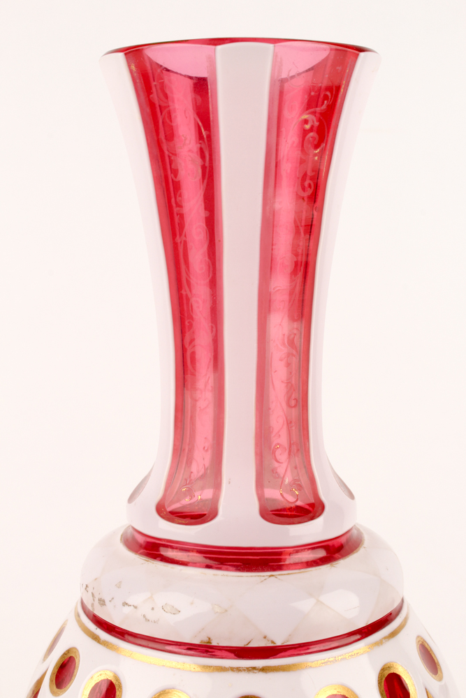 Vintage Bohemian Blown Glass Cased White Cut to Cranberry Vases