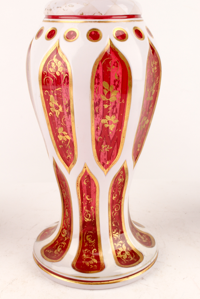 Vintage Bohemian Blown Glass Cased White Cut to Cranberry Vases
