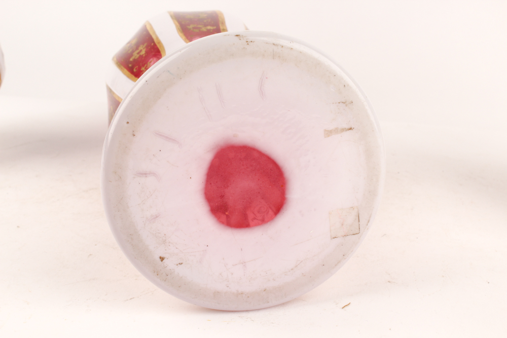 Vintage Bohemian Blown Glass Cased White Cut to Cranberry Vases