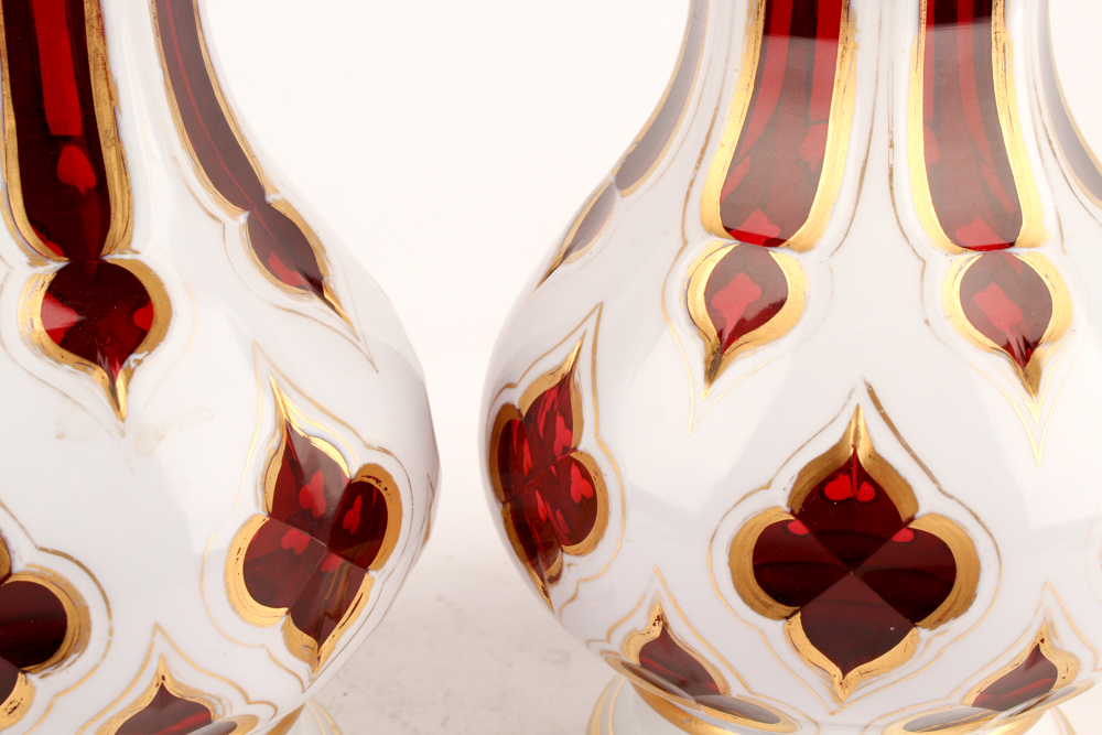 Vintage Bohemian Blown Glass Cased White Cut to Cranberry Vases