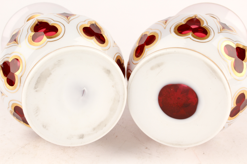 Vintage Bohemian Blown Glass Cased White Cut to Cranberry Vases