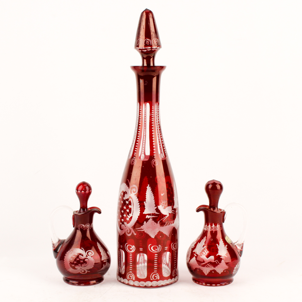 Antique Bohemia Crystal Flashed Ruby Cruets and Decanter