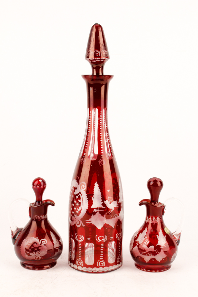 Antique Bohemia Crystal Flashed Ruby Cruets and Decanter