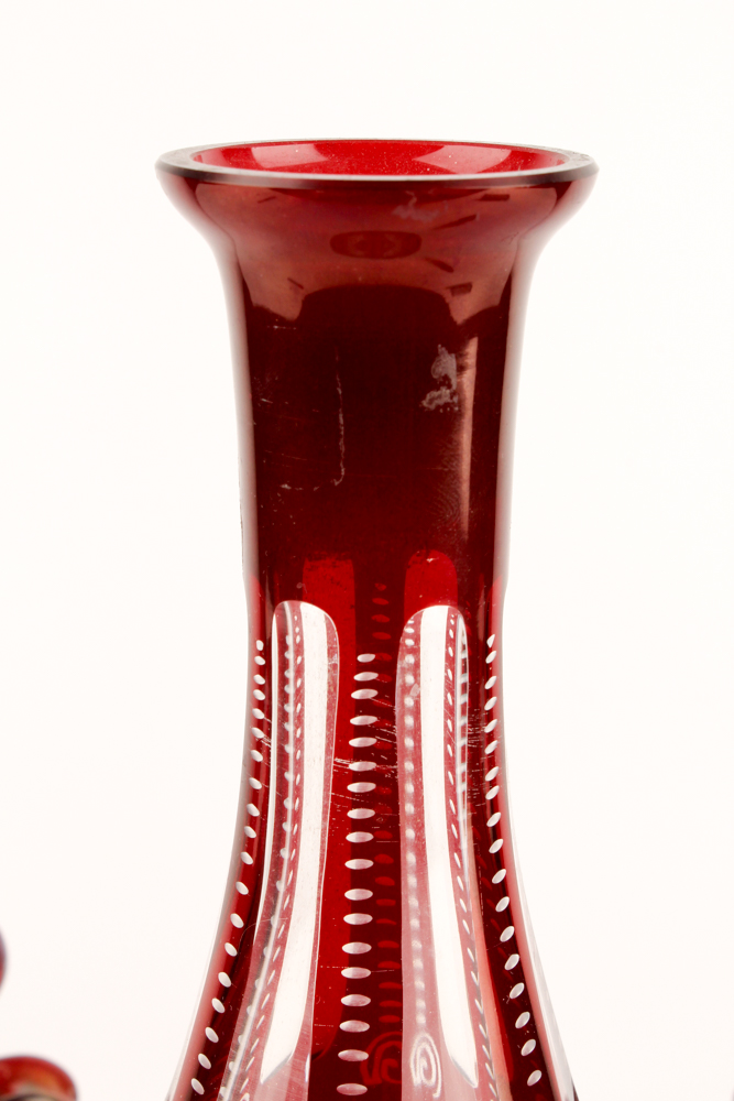 Antique Bohemia Crystal Flashed Ruby Cruets and Decanter