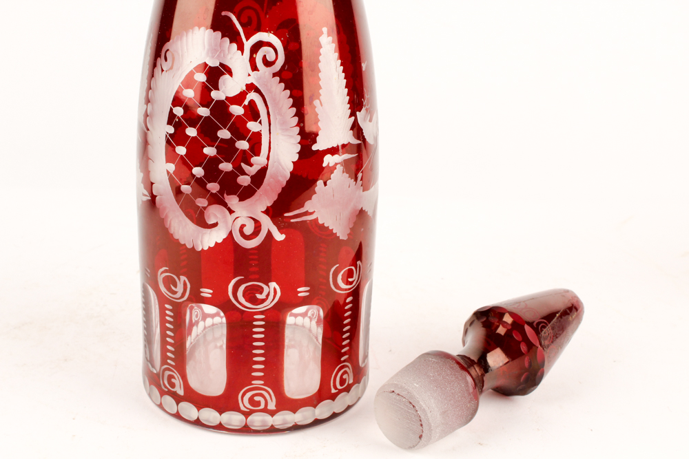 Antique Bohemia Crystal Flashed Ruby Cruets and Decanter