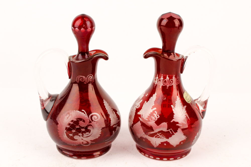 Antique Bohemia Crystal Flashed Ruby Cruets and Decanter