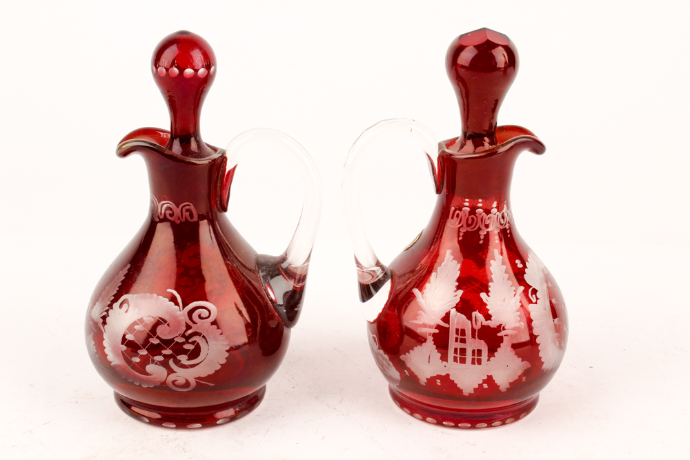 Antique Bohemia Crystal Flashed Ruby Cruets and Decanter