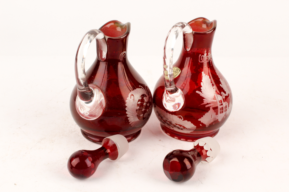 Antique Bohemia Crystal Flashed Ruby Cruets and Decanter