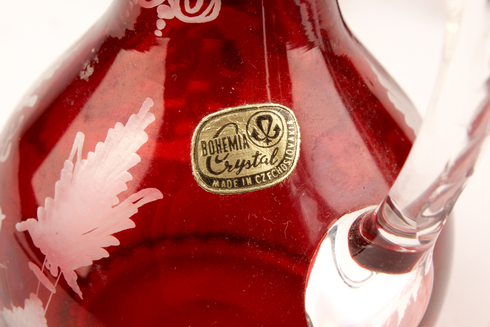 Antique Bohemia Crystal Flashed Ruby Cruets and Decanter