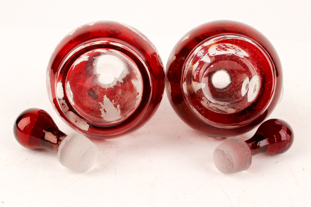 Antique Bohemia Crystal Flashed Ruby Cruets and Decanter