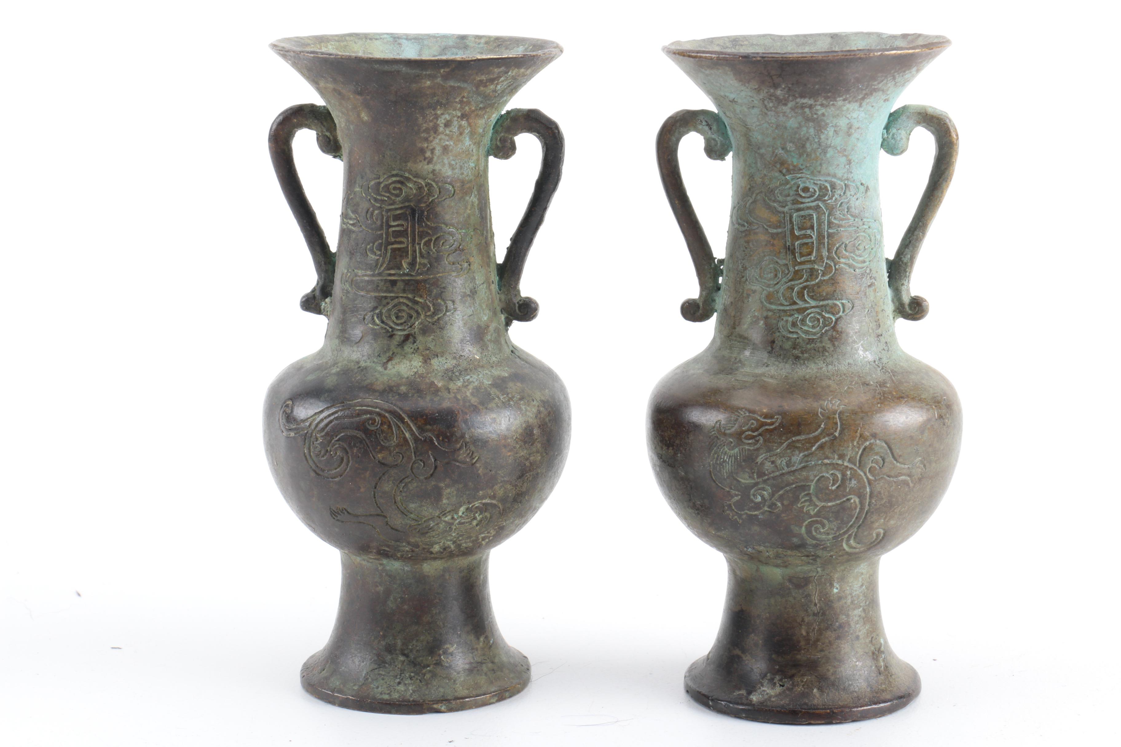 East Asian Bronze Vases with Wooden Stands