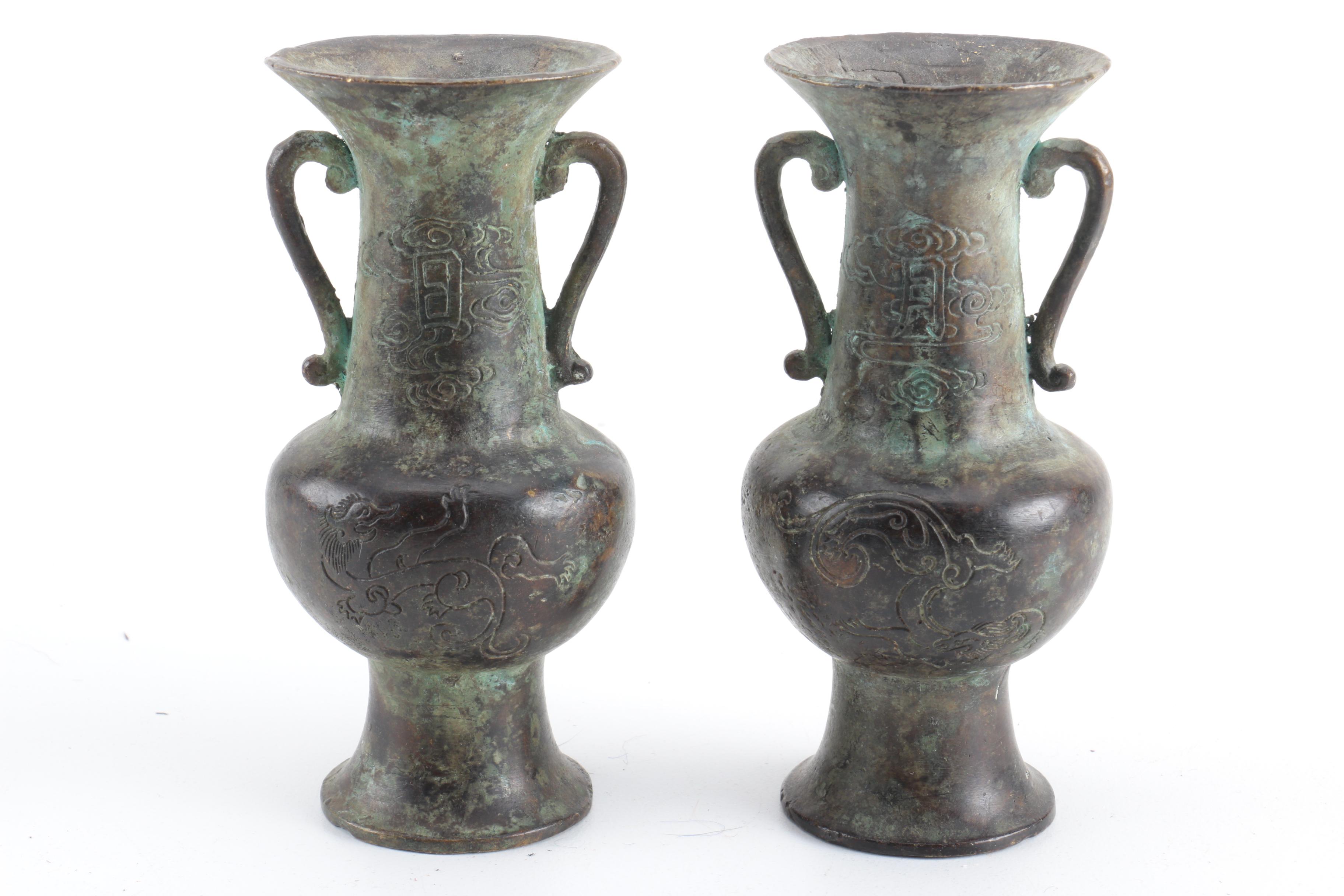 East Asian Bronze Vases with Wooden Stands