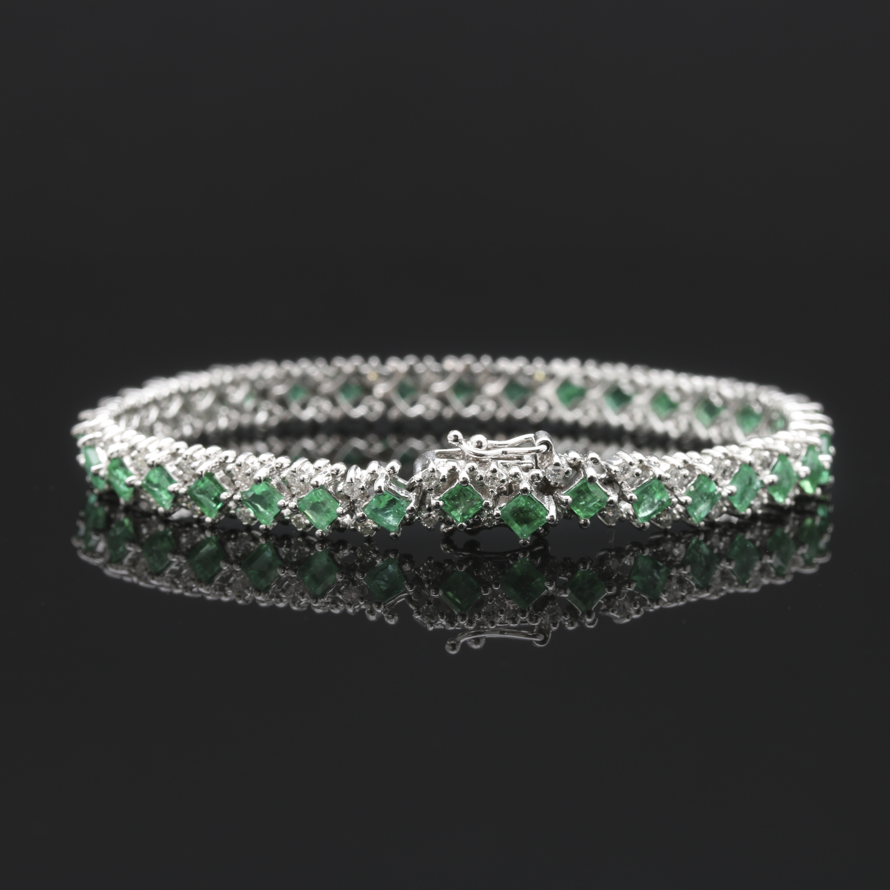 14K White Gold Emerald and Diamond Tennis Bracelet