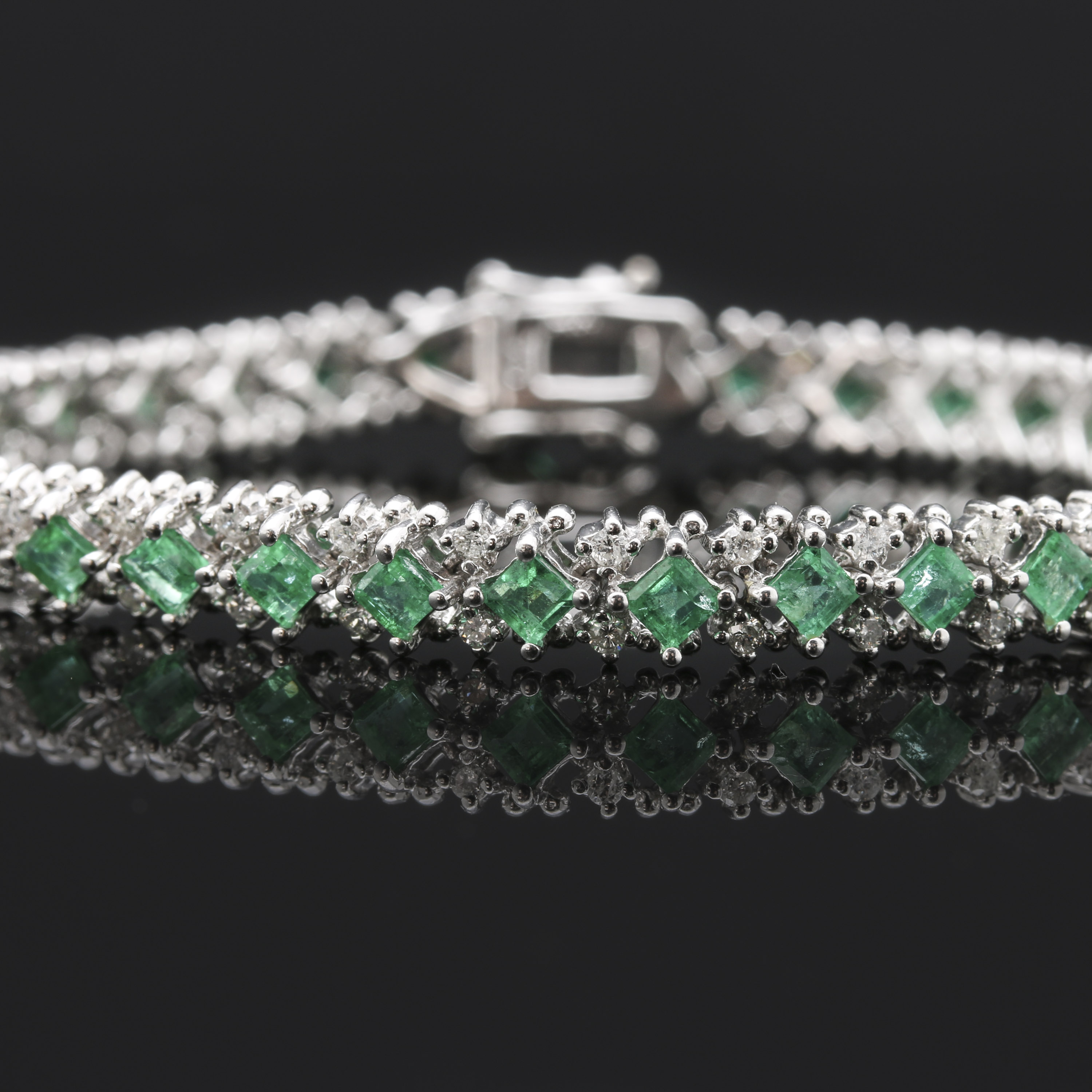 14K White Gold Emerald and Diamond Tennis Bracelet