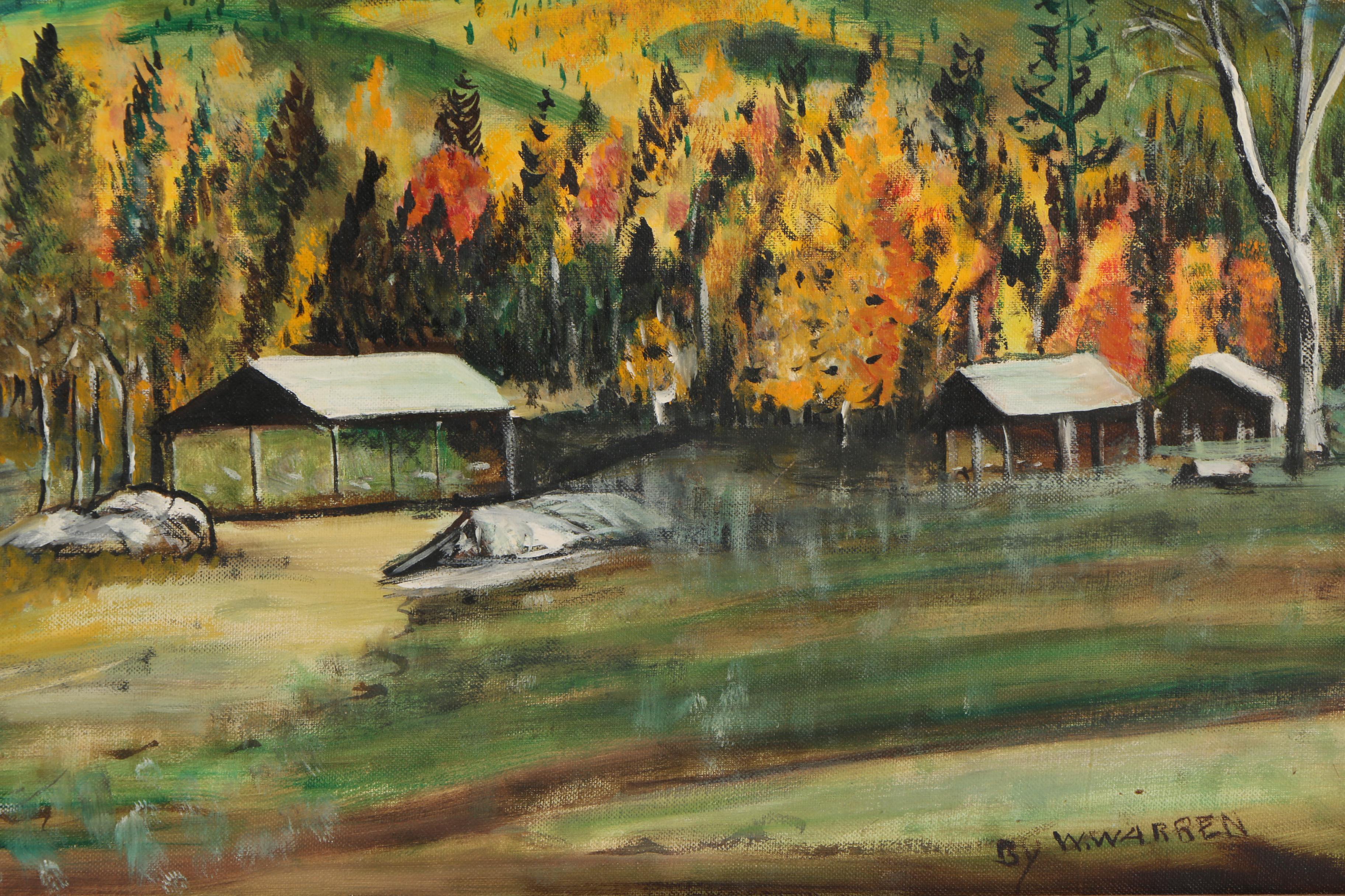 William E. Warren Acrylic Painting on Canvas Board "Campsite Baxter S. P. Maine"