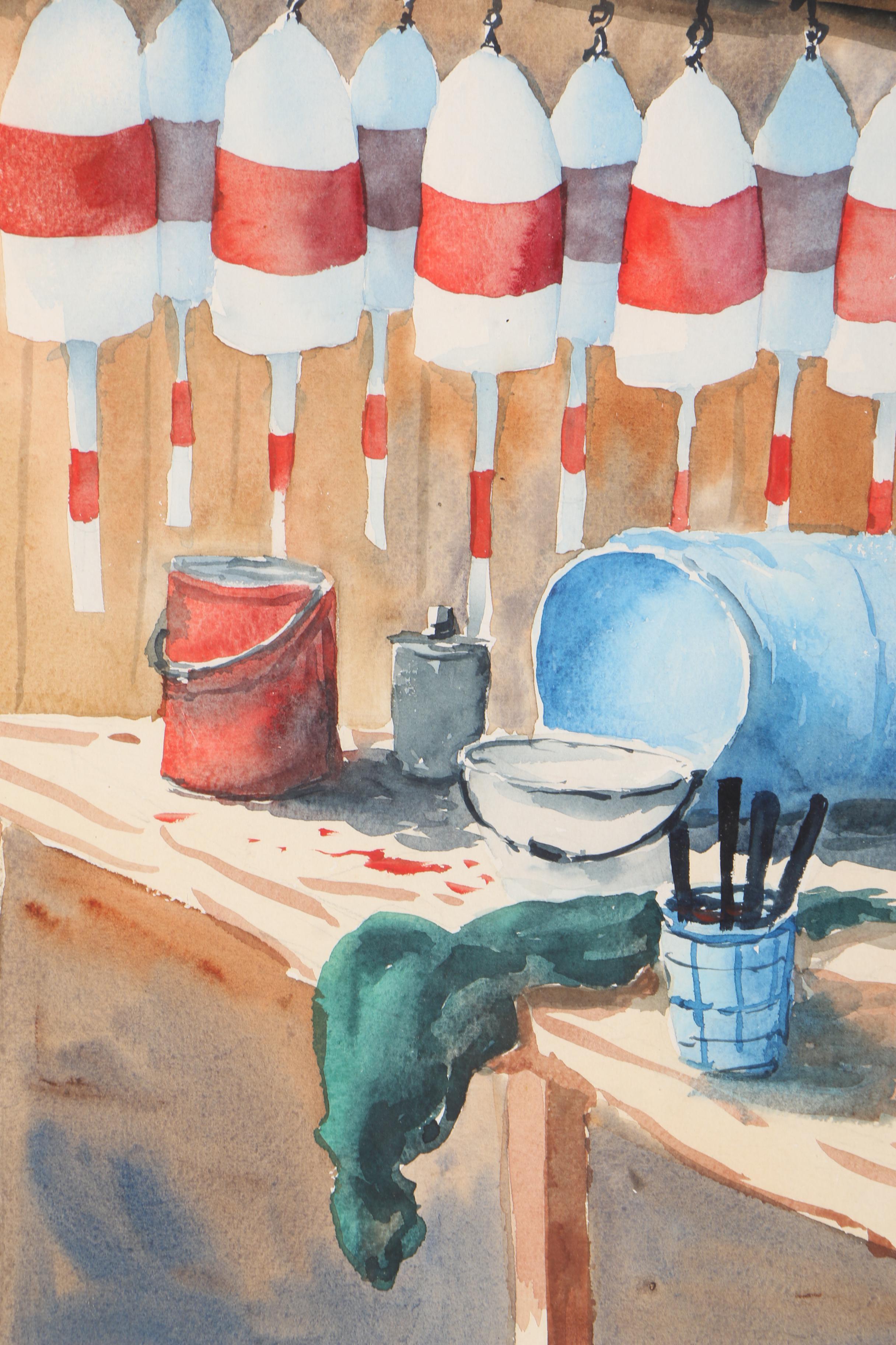 Gail Cleveland Watercolor Painting on Paper of Fisherman Desk