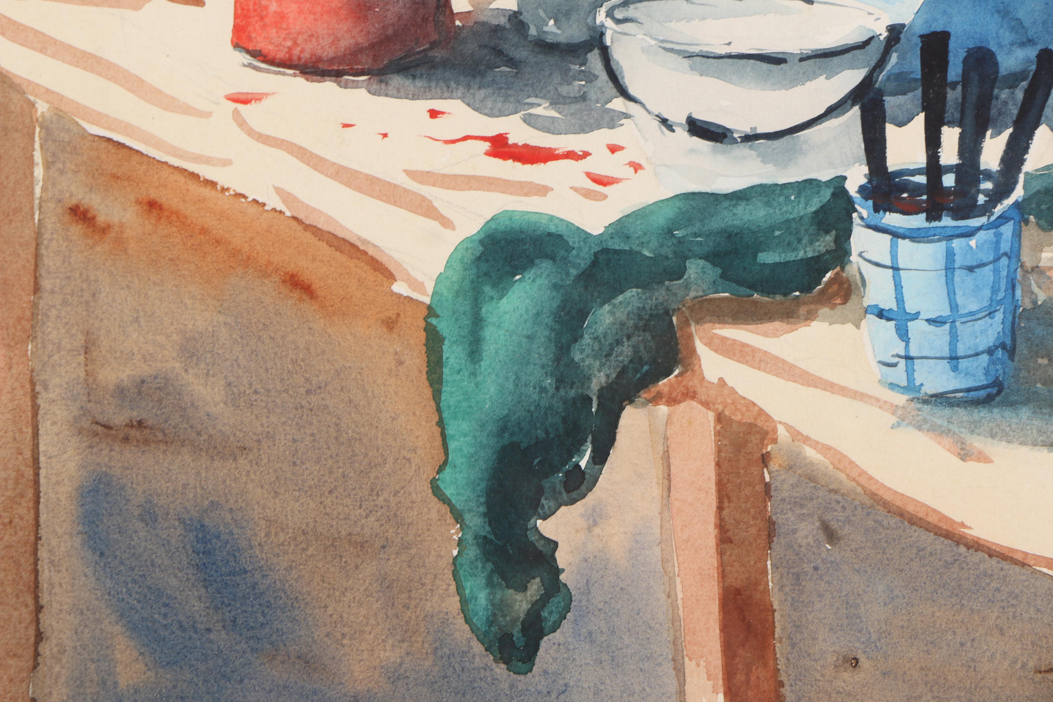 Gail Cleveland Watercolor Painting on Paper of Fisherman Desk