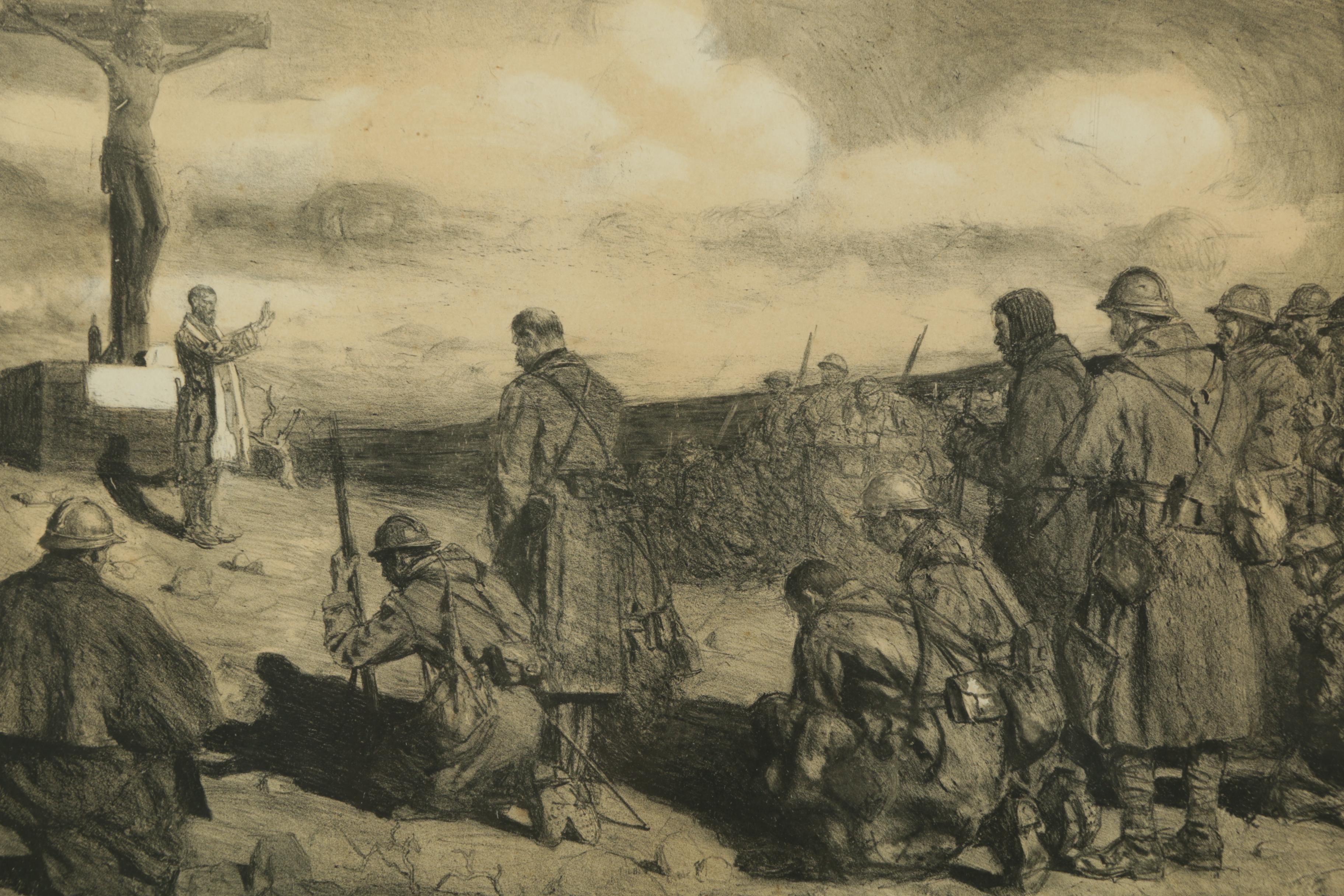 Early 20th-Century Lithograph on Paper of World War I Soldiers Praying