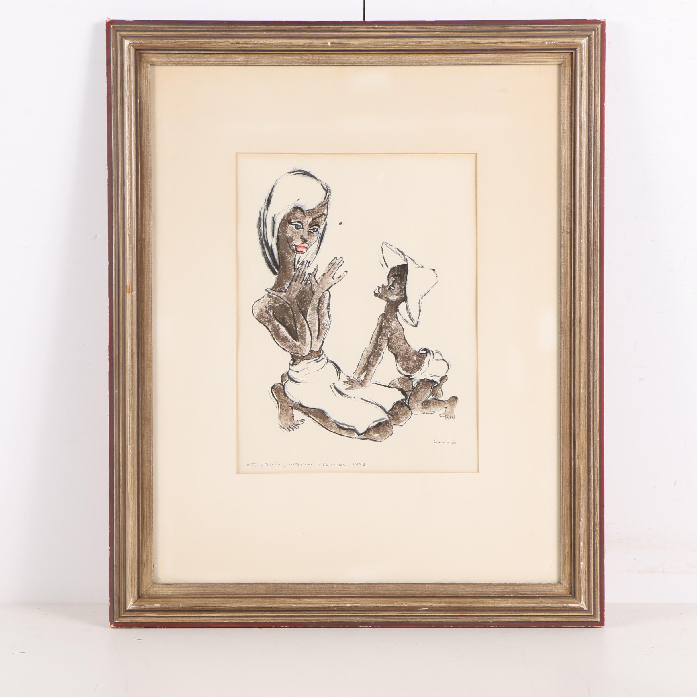 1958 Socha Svender Signed Watercolor and Ink Painting on Paper