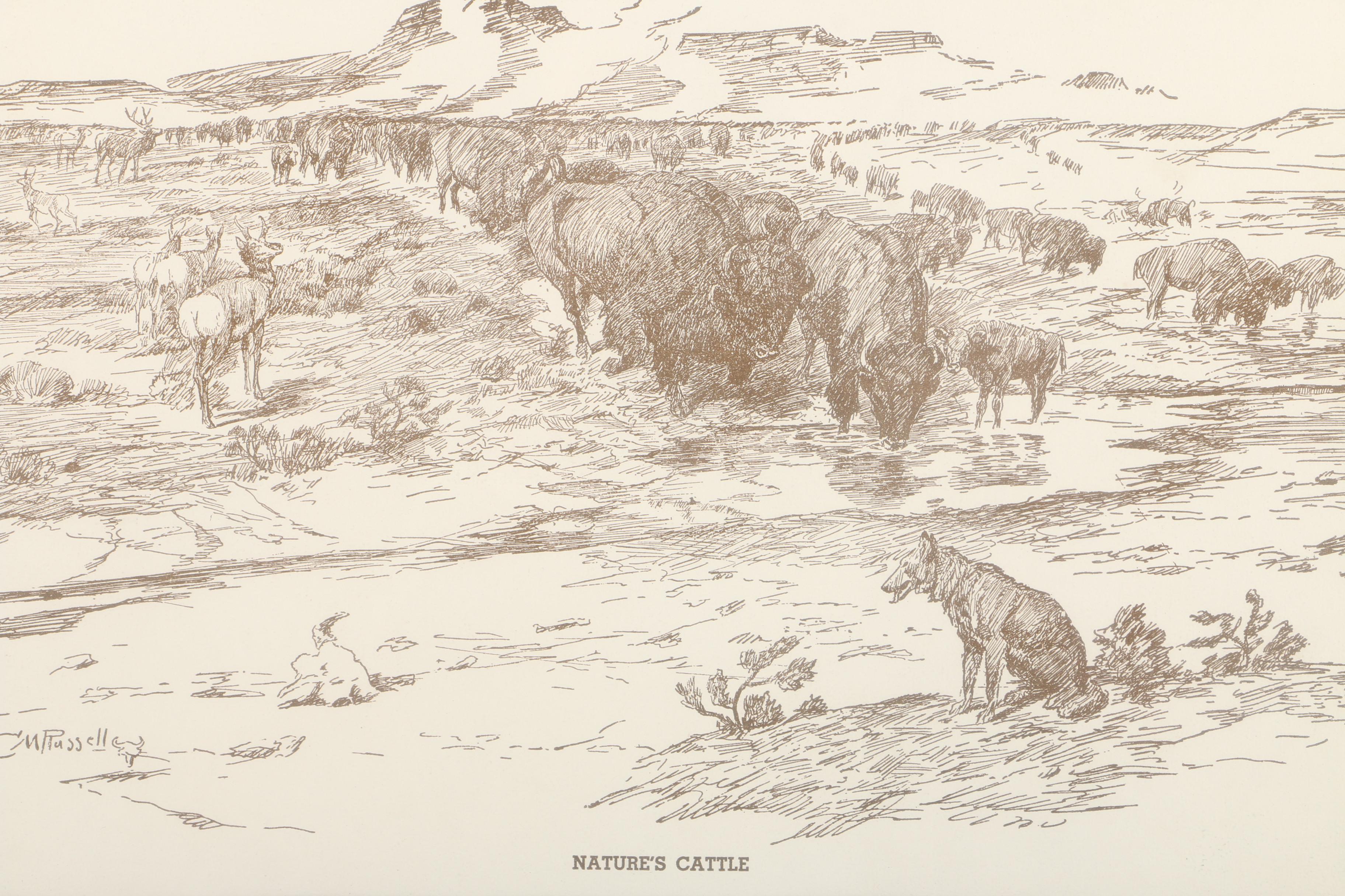 Lithograph on Paper After C. M. Russell "Nature's Cattle"