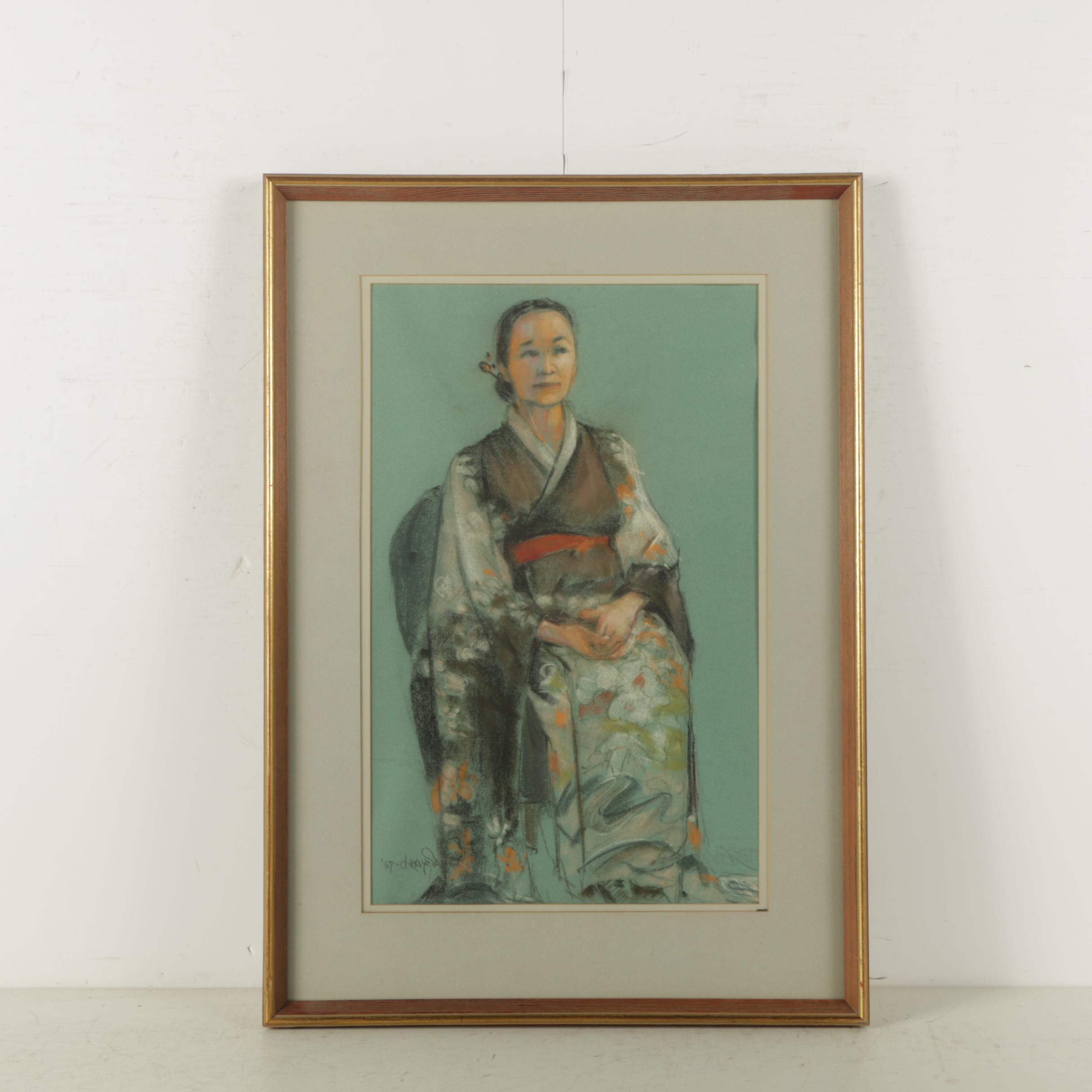 D'Ray-Satter Pastel Drawing on Toned Paper of East Asian Style Woman