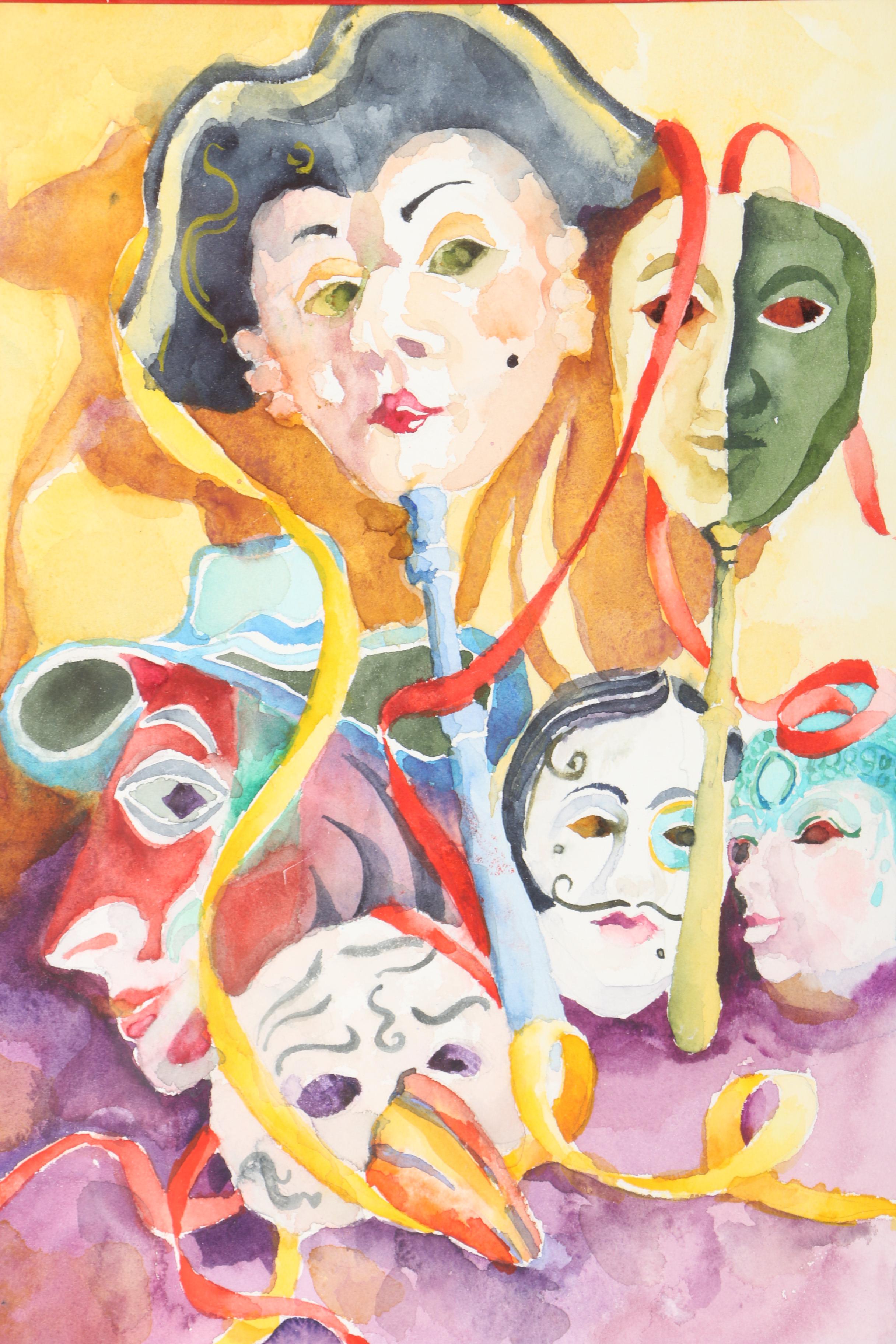 Sue Swedberg Gouache Painting on Paper of Masquerade Masks