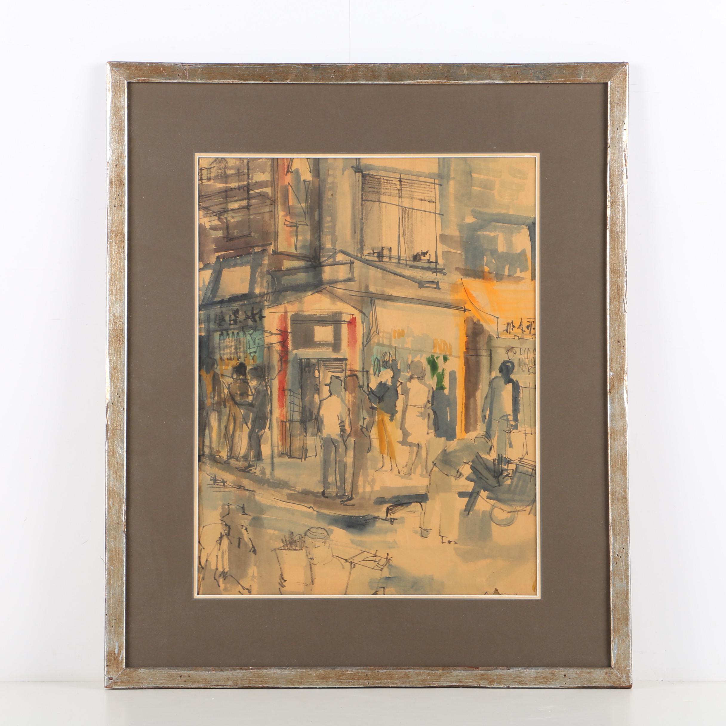 Gouache Painting on Paper of Street Corner