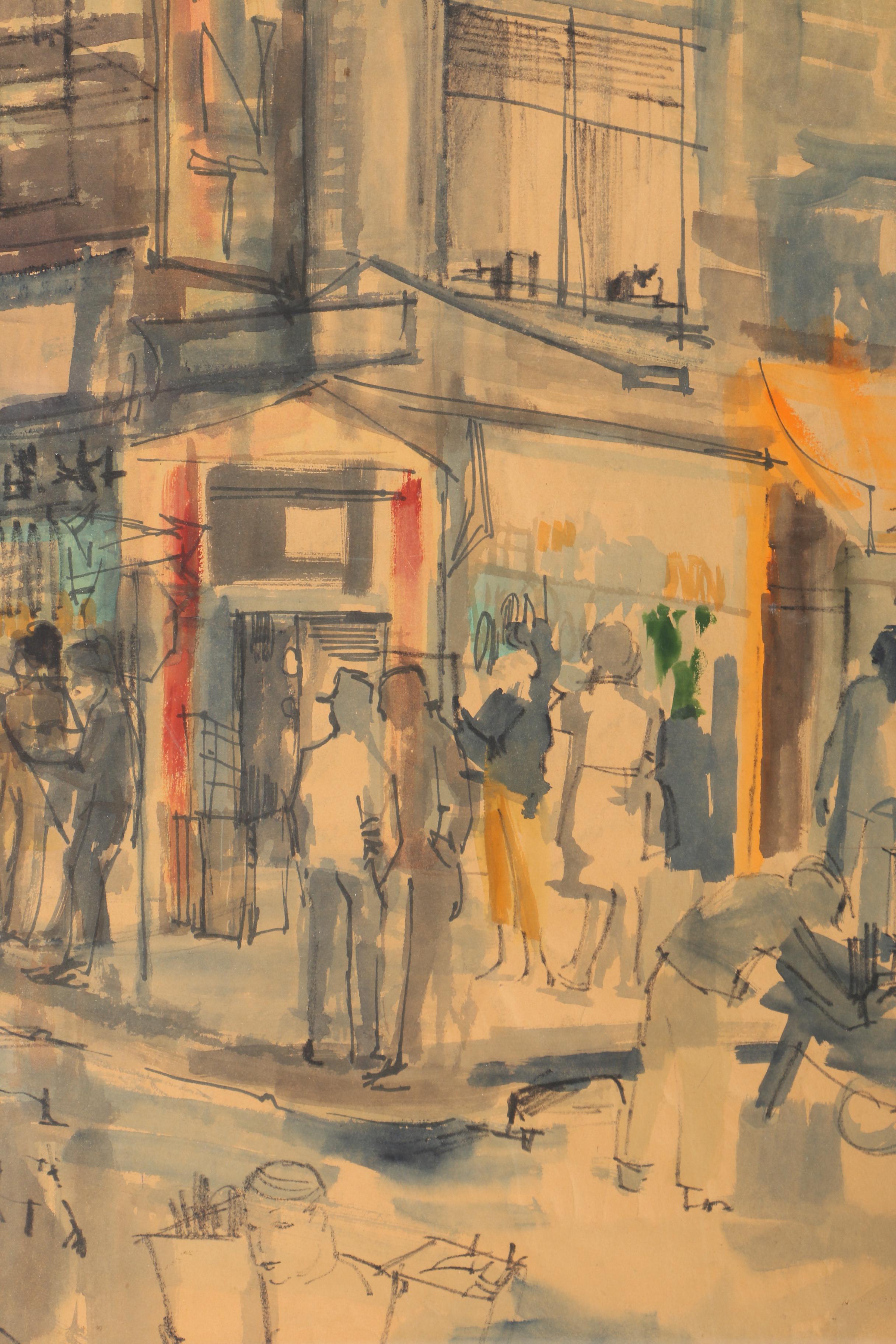 Gouache Painting on Paper of Street Corner
