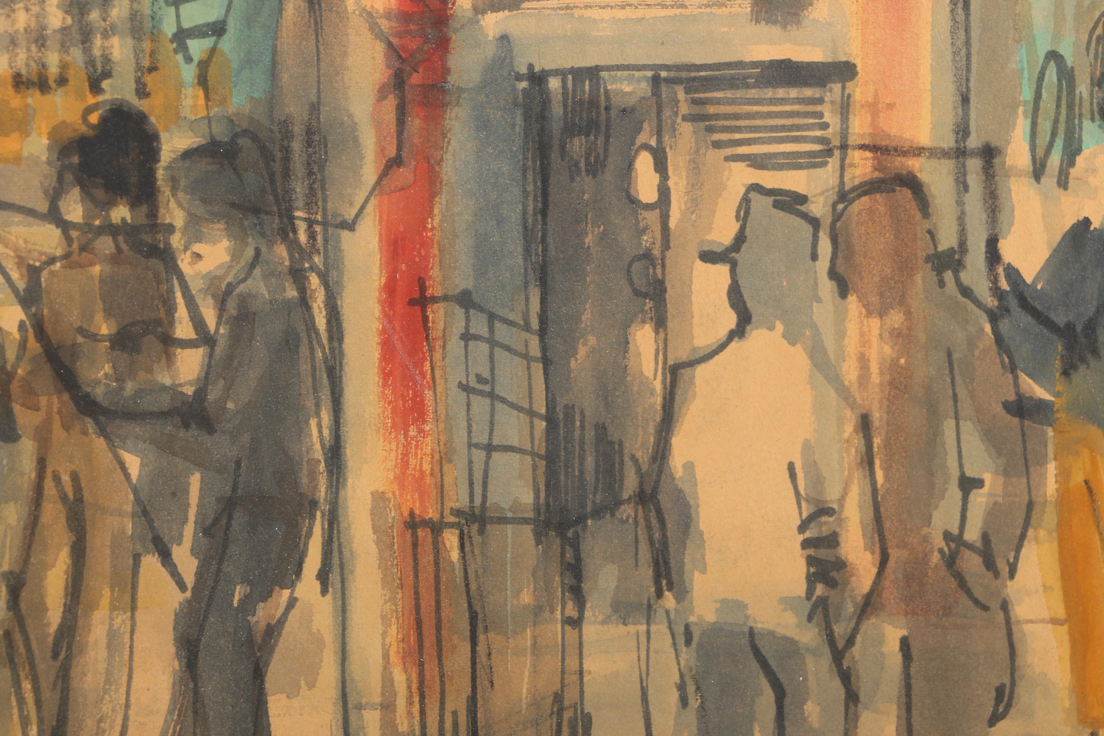 Gouache Painting on Paper of Street Corner