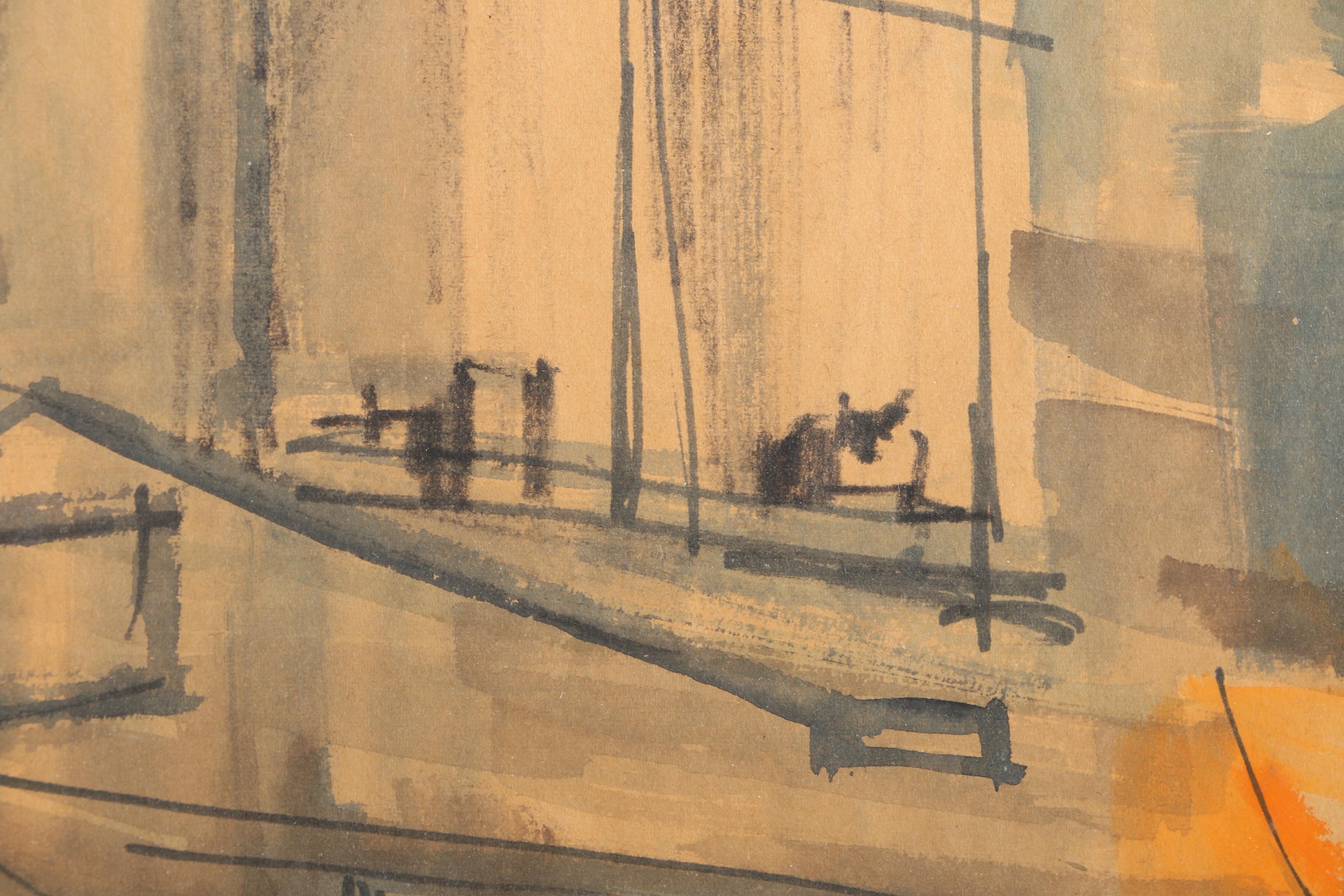 Gouache Painting on Paper of Street Corner