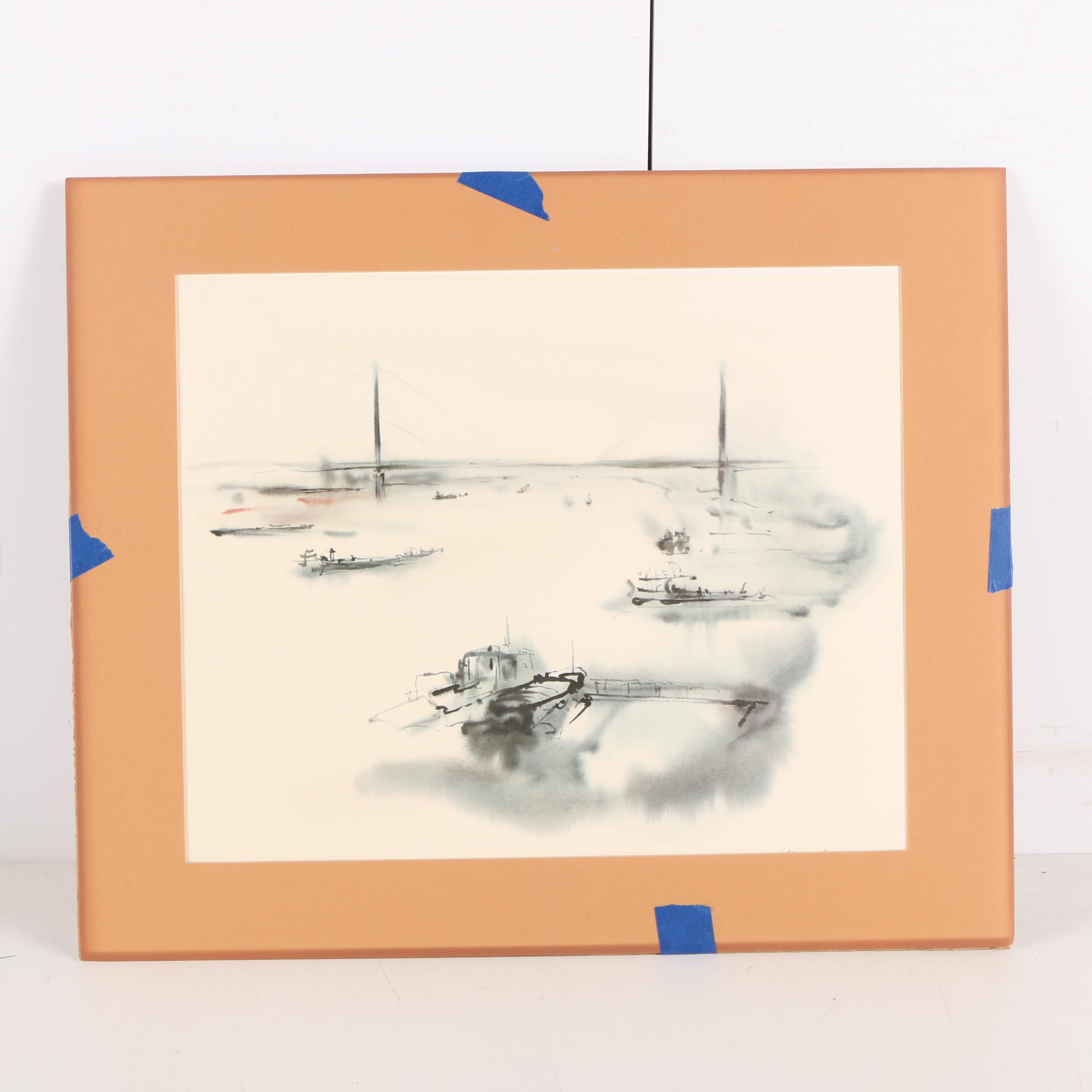 Offset Lithograph on Paper After Meyer-Garlen Watercolor of Ships