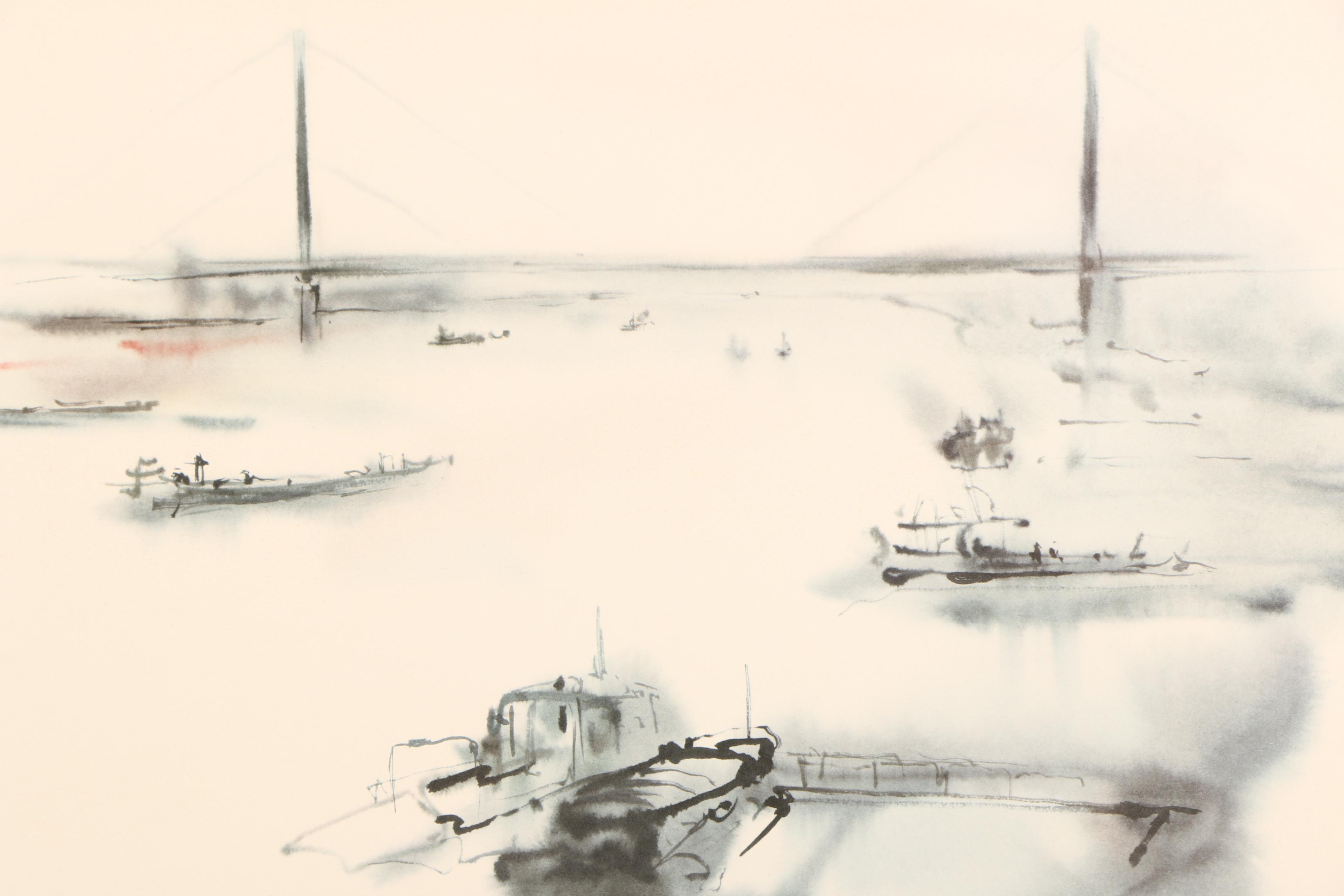 Offset Lithograph on Paper After Meyer-Garlen Watercolor of Ships