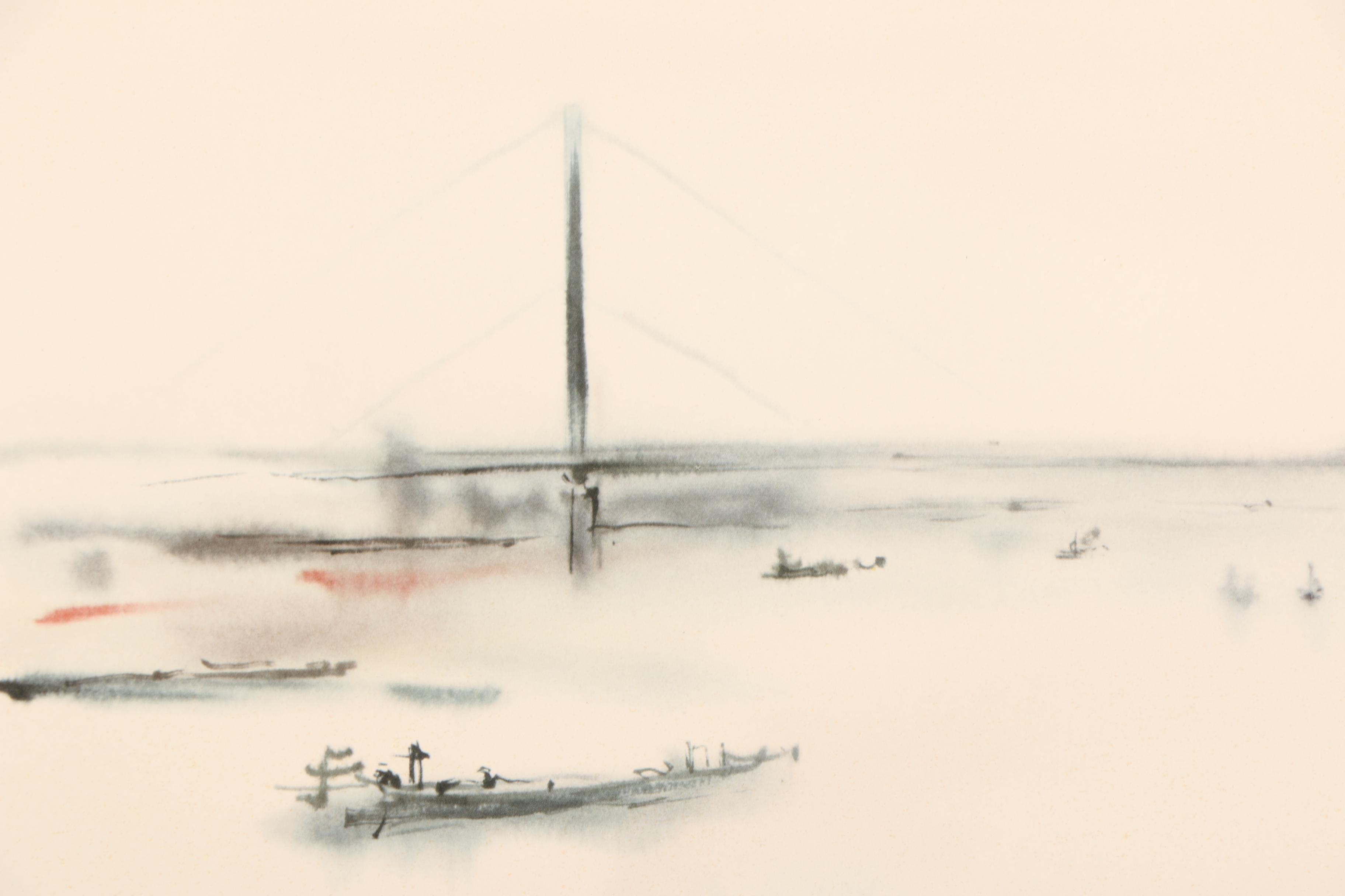 Offset Lithograph on Paper After Meyer-Garlen Watercolor of Ships