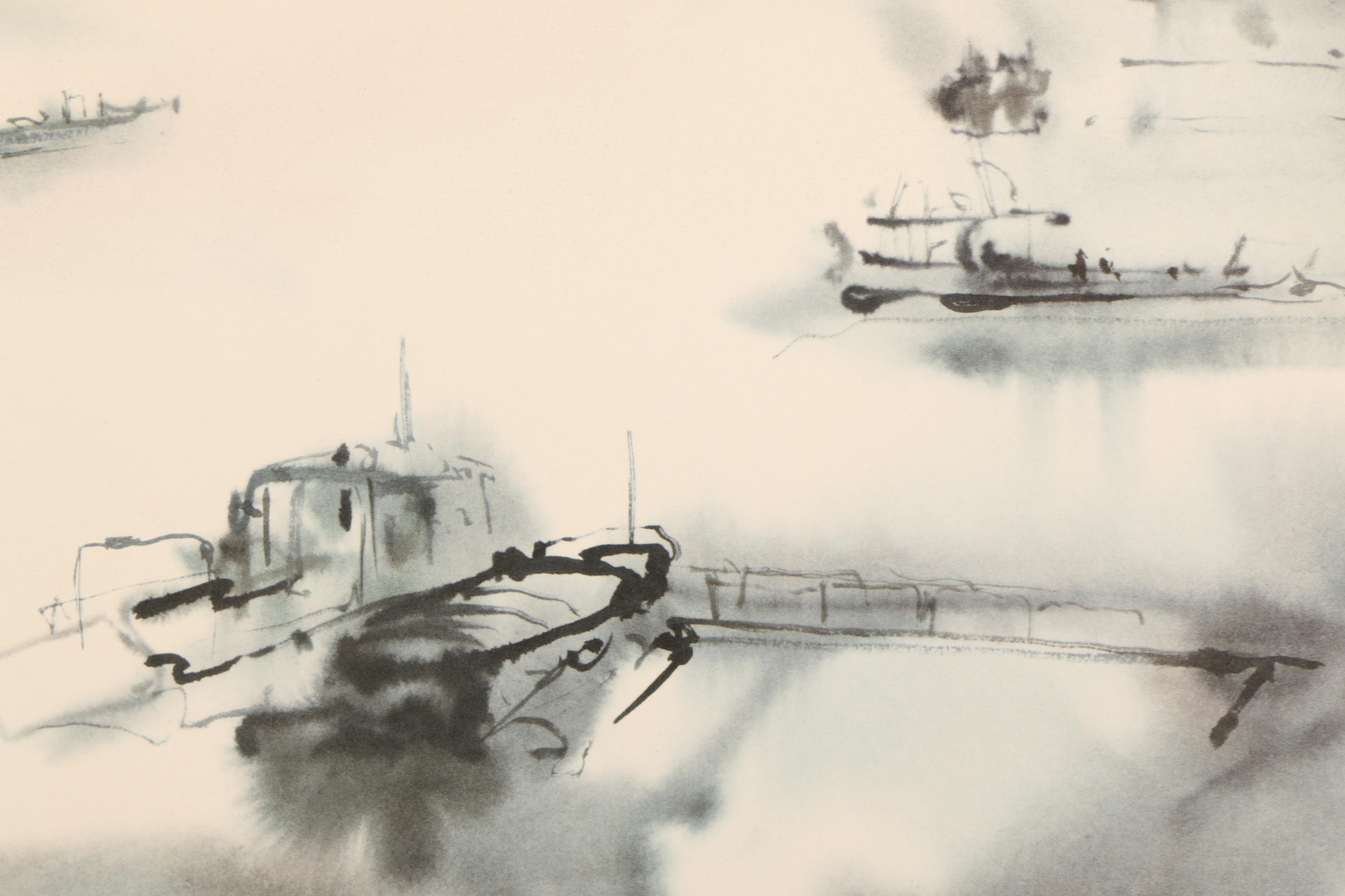 Offset Lithograph on Paper After Meyer-Garlen Watercolor of Ships