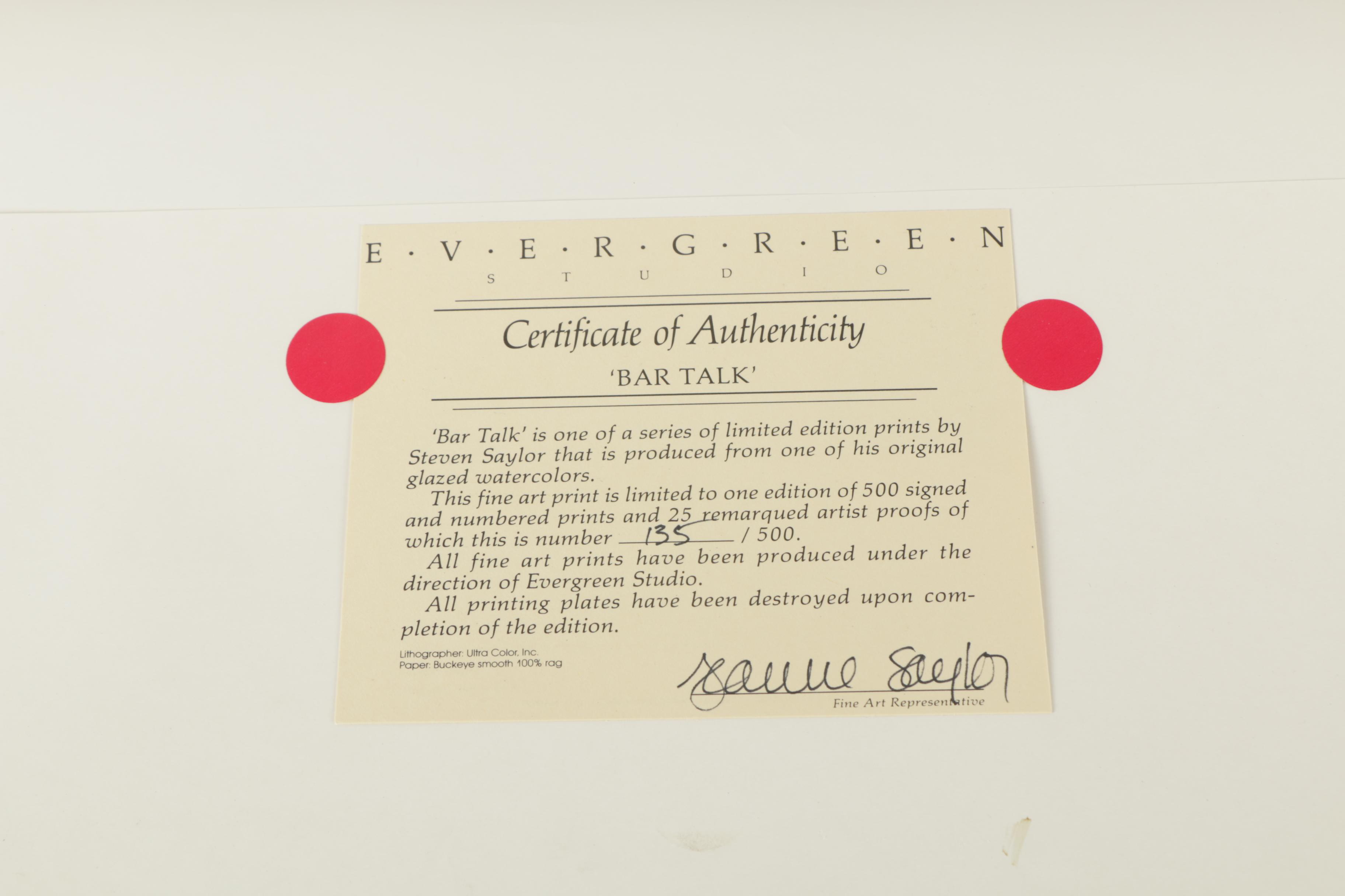 Steven Saylor Limited Edition Offset Lithographs Including "Bar Talk"