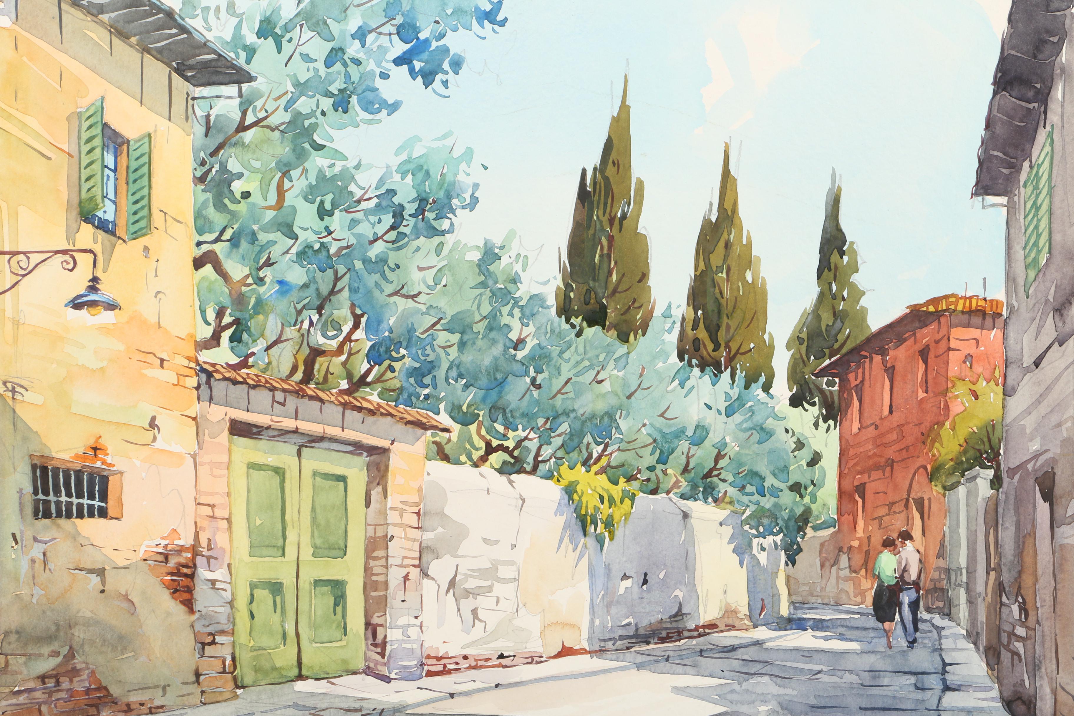 Watercolor Painting on Paper of Rustic Town Scene