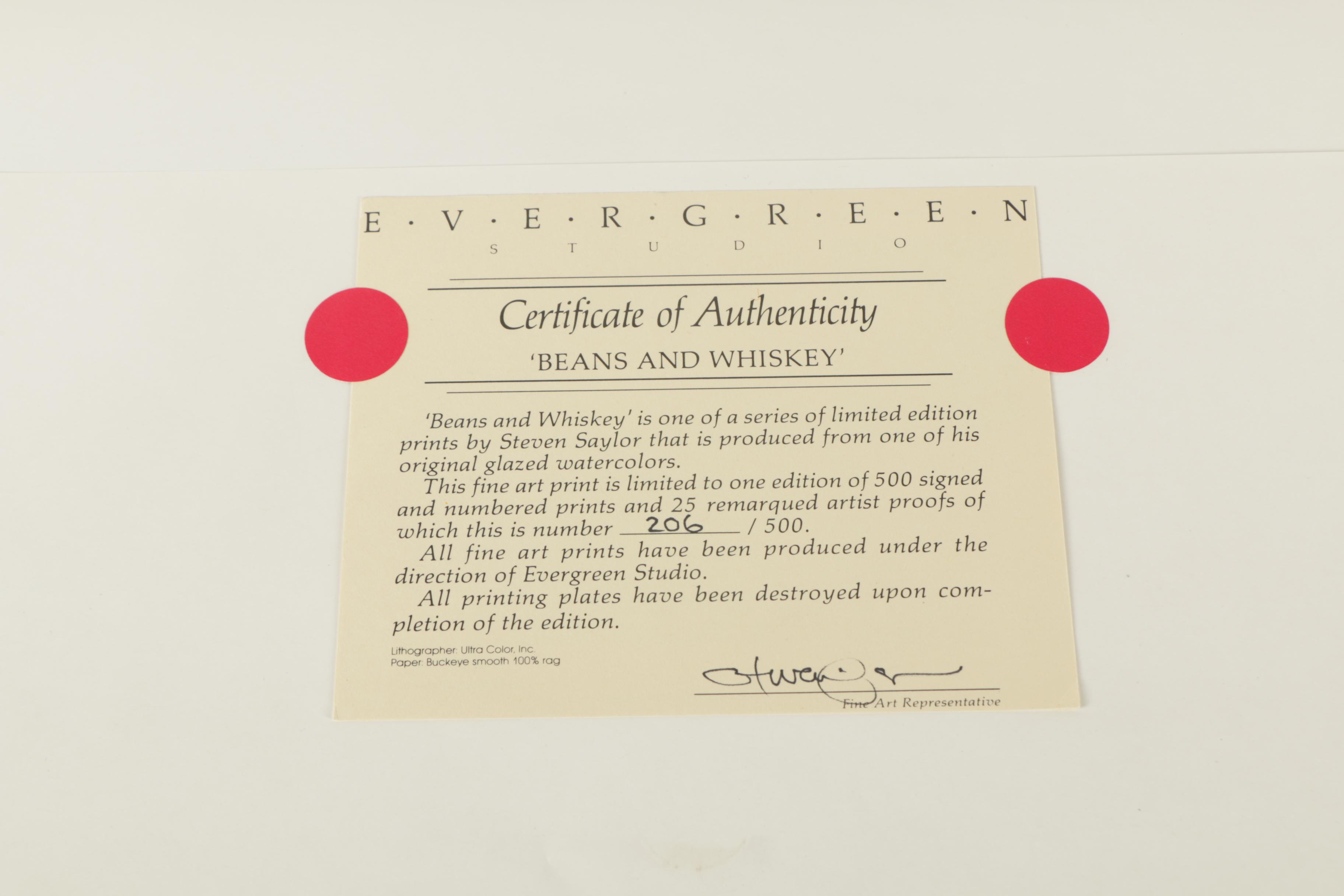 Steven Saylor Limited Edition Offset Lithographs Including "Beans and Whiskey"