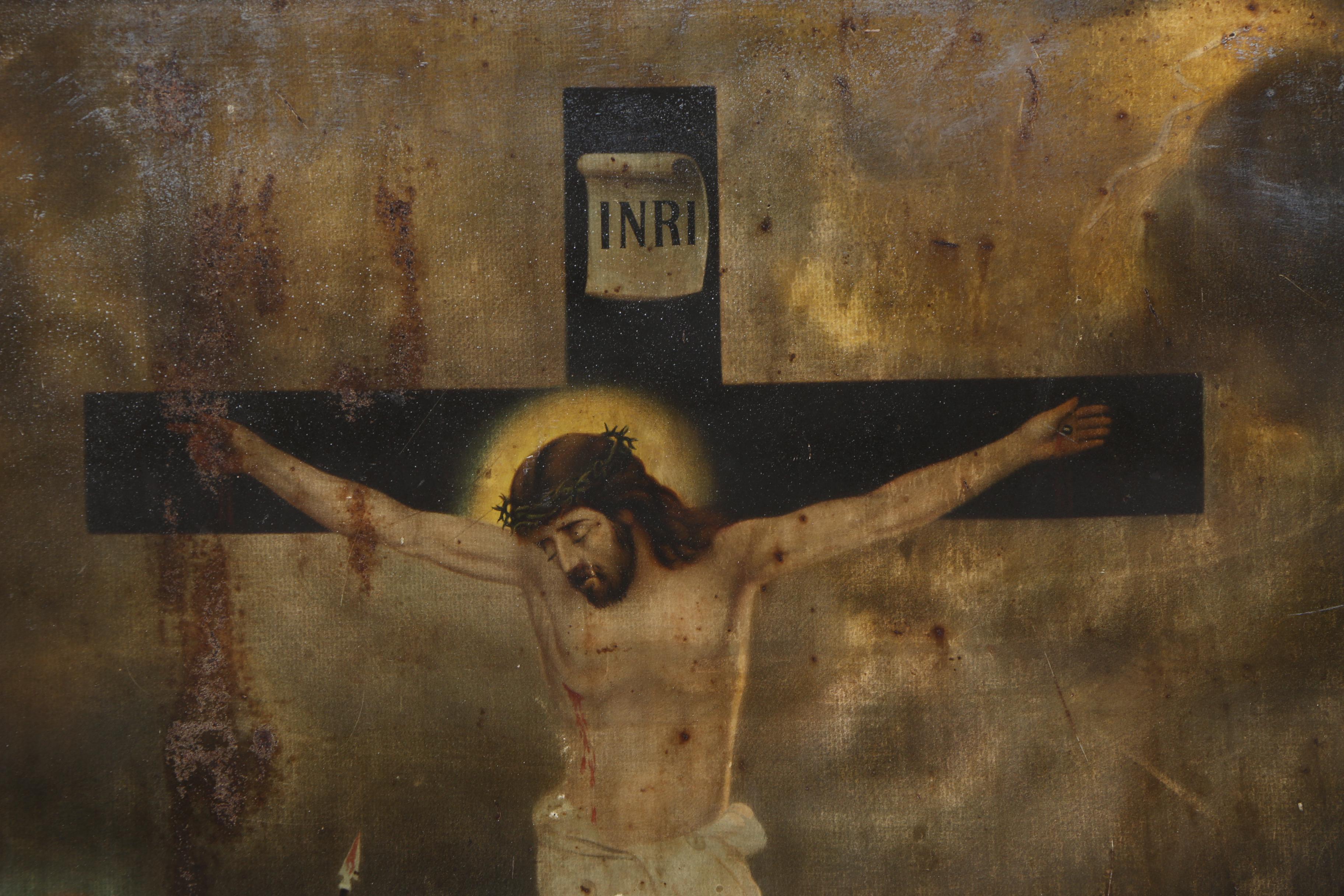 Reproduction Print on Metal After C. Del Tufo Painting of the Crucifixion