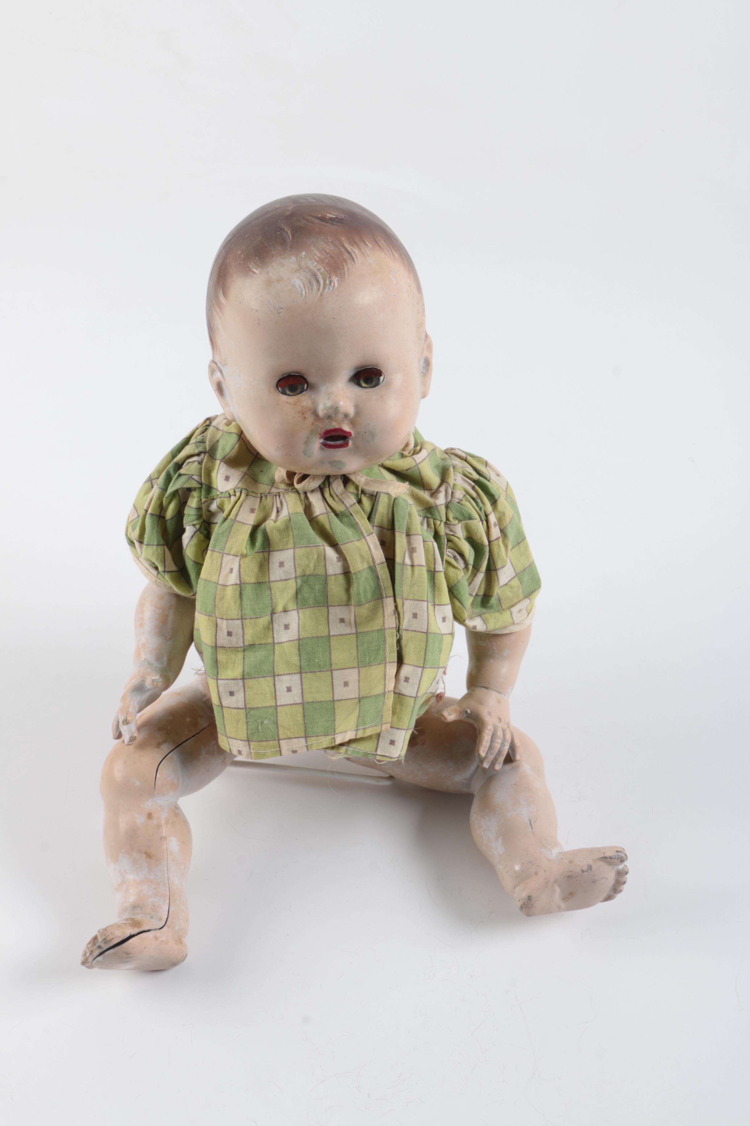 C. 1940s Imperial Composition Baby Doll with Vintage Porcelain Dolls