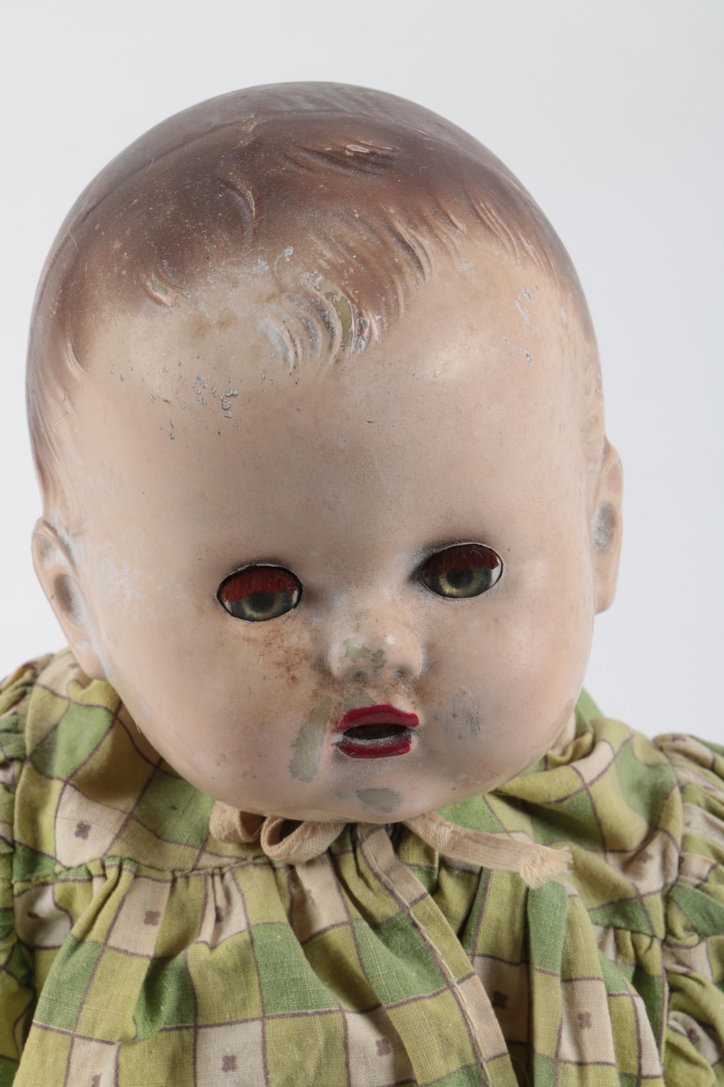 C. 1940s Imperial Composition Baby Doll with Vintage Porcelain Dolls