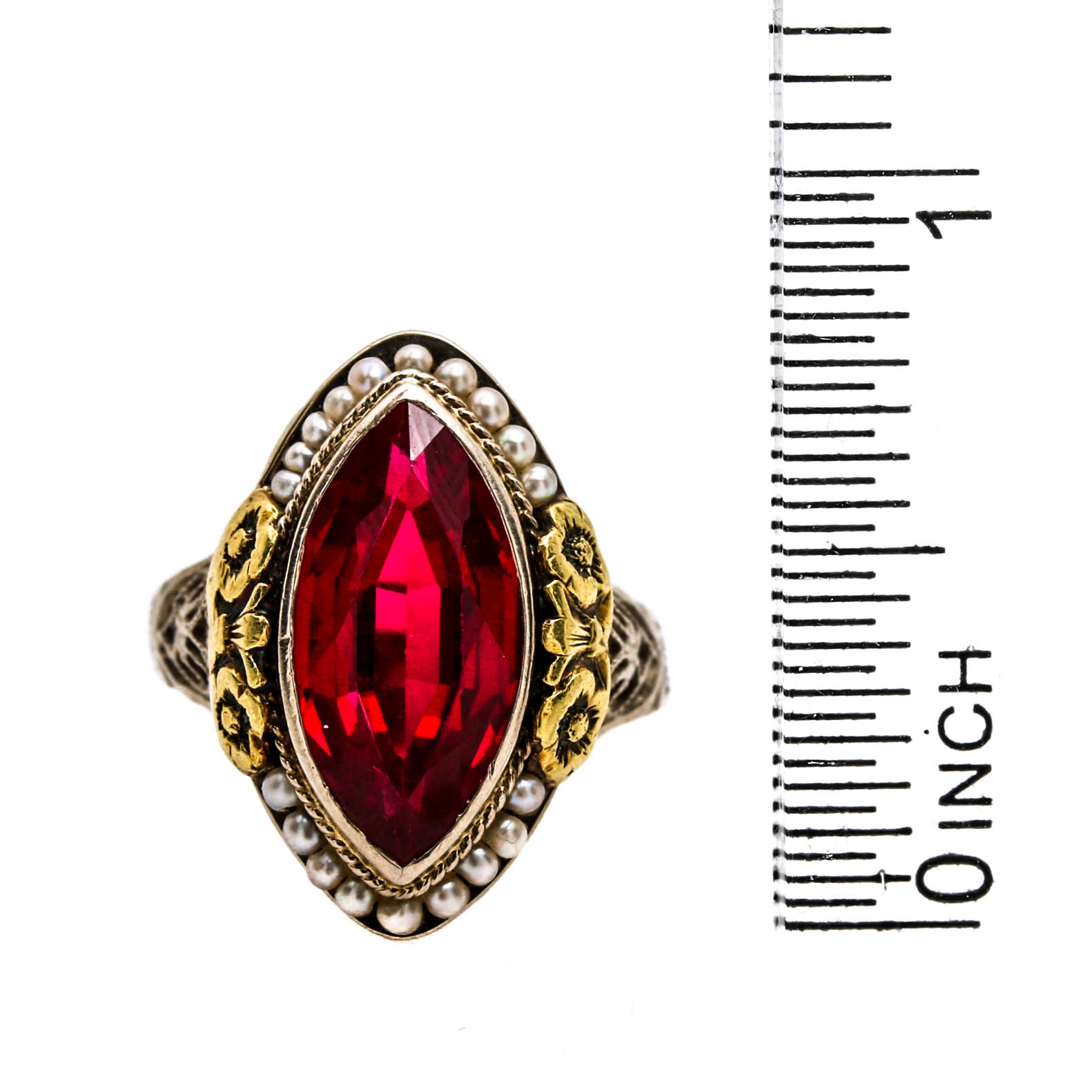 Circa 1930's 14K Two Tone Gold Ruby and Seed Pearl Ring