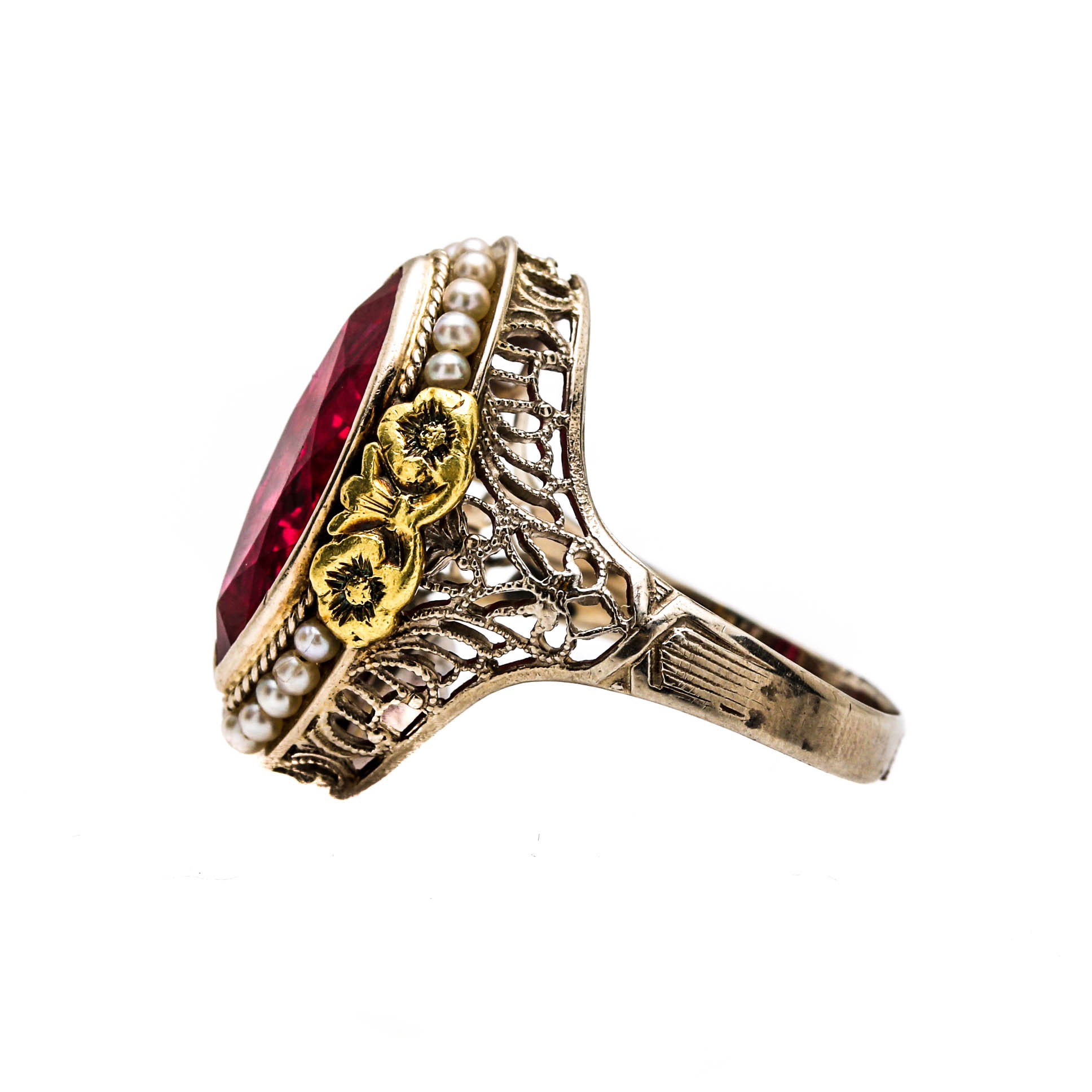 Circa 1930's 14K Two Tone Gold Ruby and Seed Pearl Ring