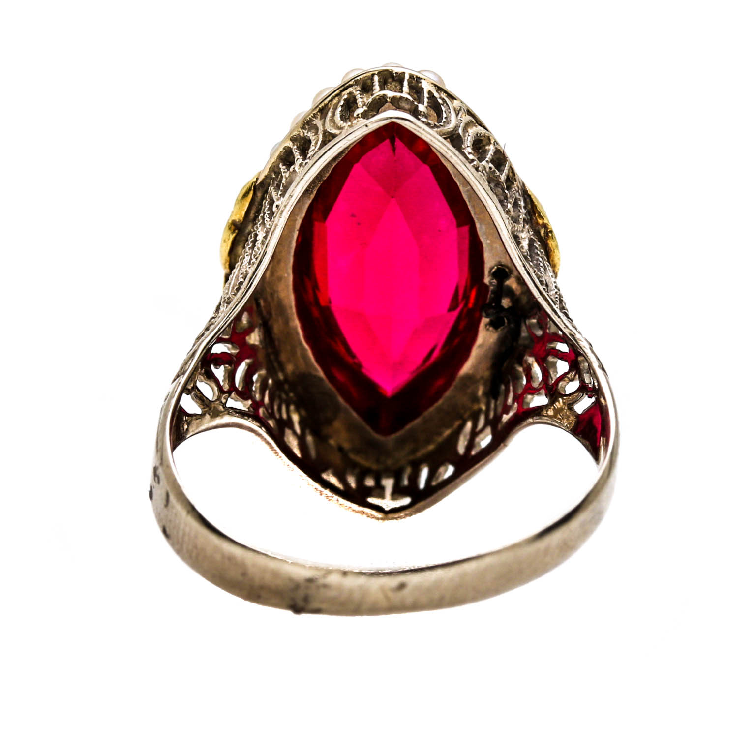 Circa 1930's 14K Two Tone Gold Ruby and Seed Pearl Ring