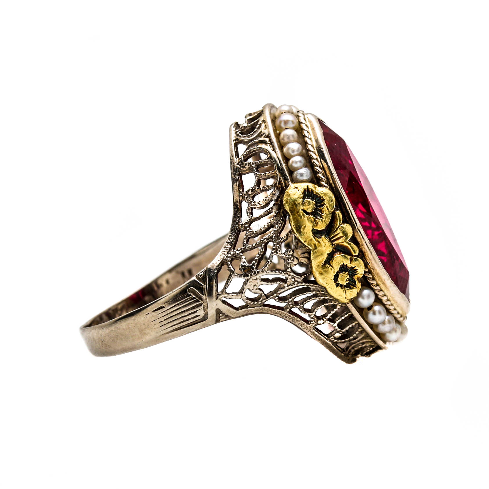 Circa 1930's 14K Two Tone Gold Ruby and Seed Pearl Ring