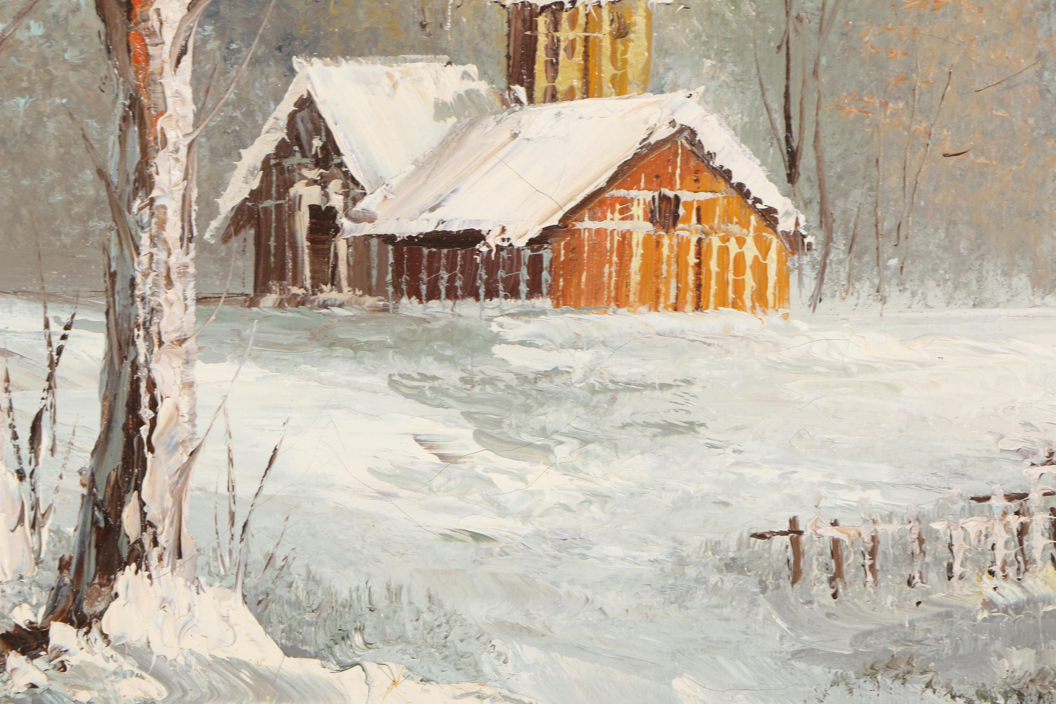 J. Medina Oil Painting on Canvas of a Snowy Barn