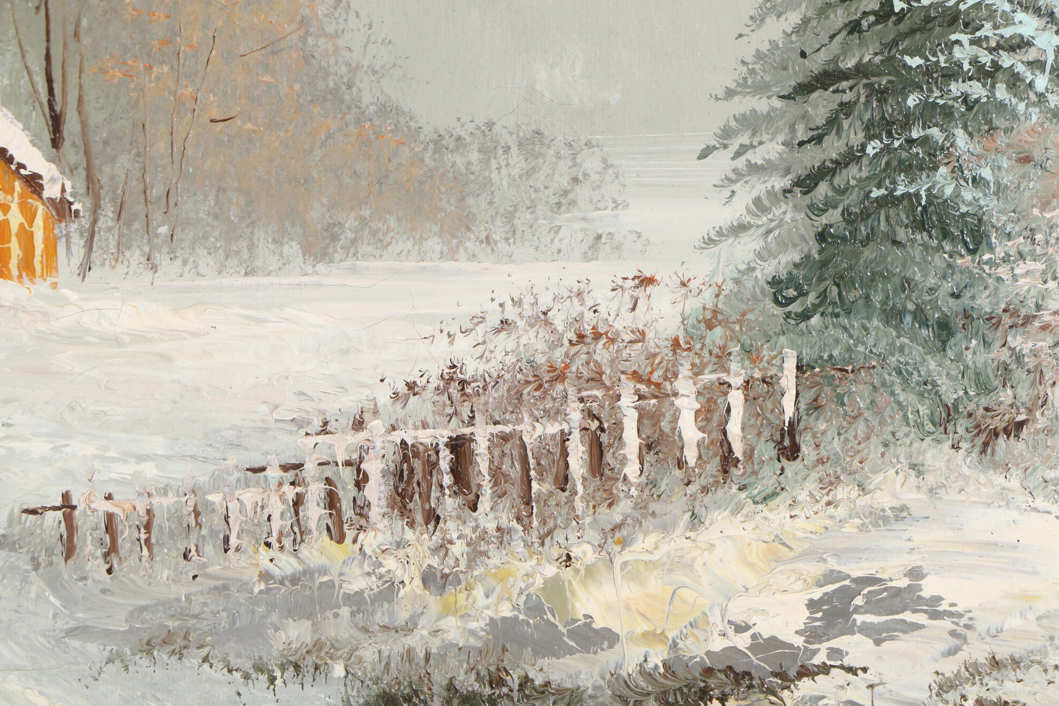 J. Medina Oil Painting on Canvas of a Snowy Barn